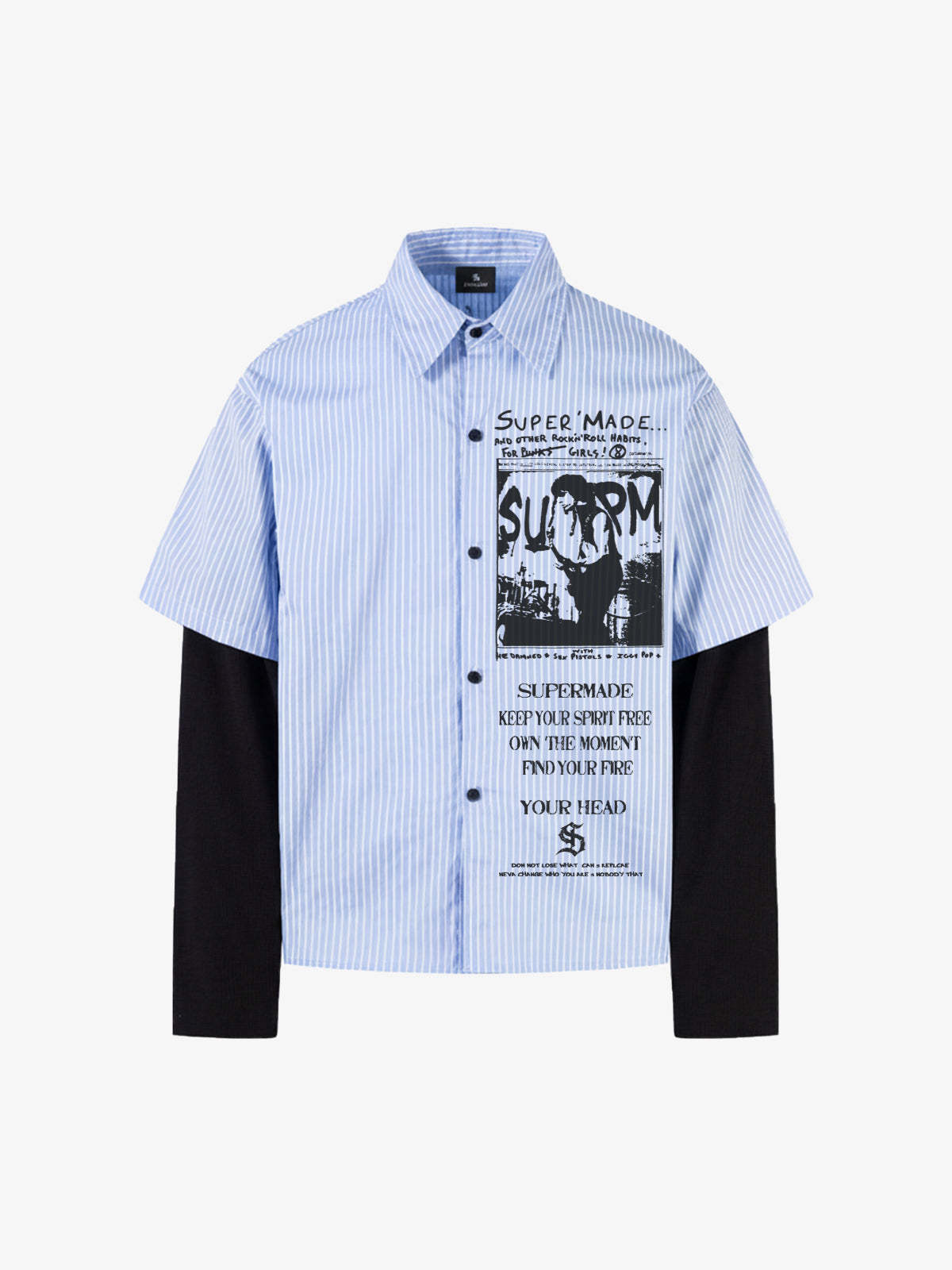 Vintage Illustration Striped Faux Two-Piece Shirt-Fineriform