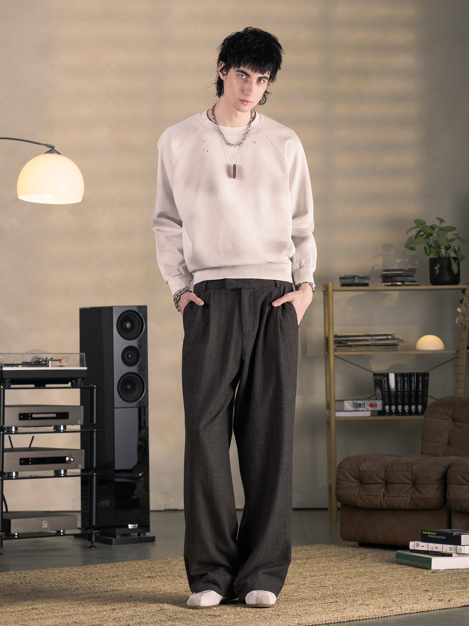 PINSTRIPE PLEATED PANTS - BROWN-Fineriform