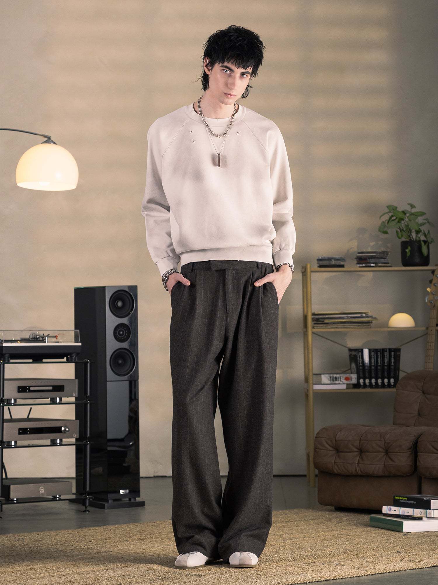 PINSTRIPE PLEATED PANTS - BROWN-Fineriform