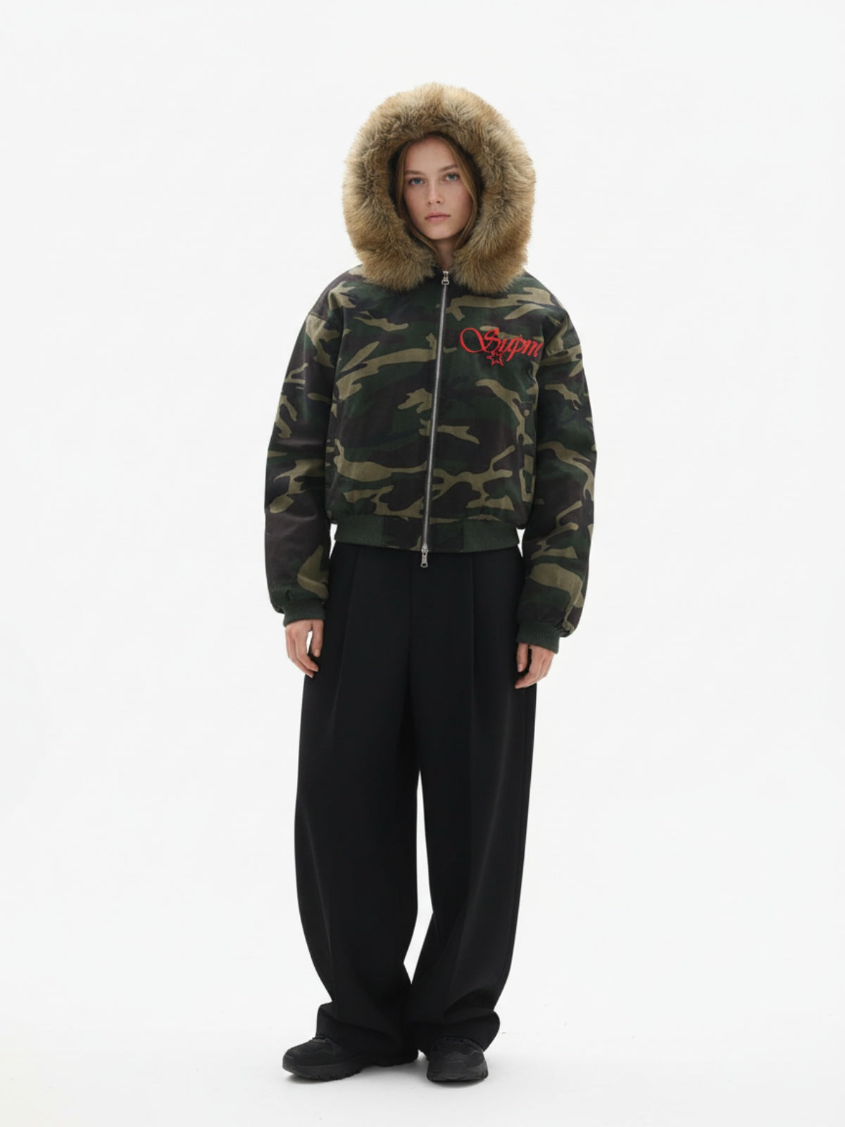 Embroidered Detachable Fur Hooded Jacket - 2546-Fineriform