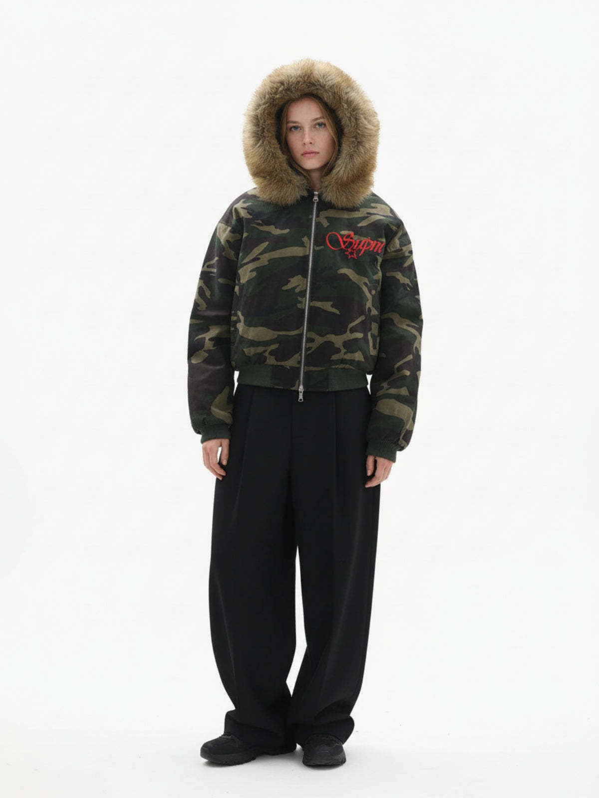 Embroidered Detachable Fur Hooded Jacket - 2546-Fineriform