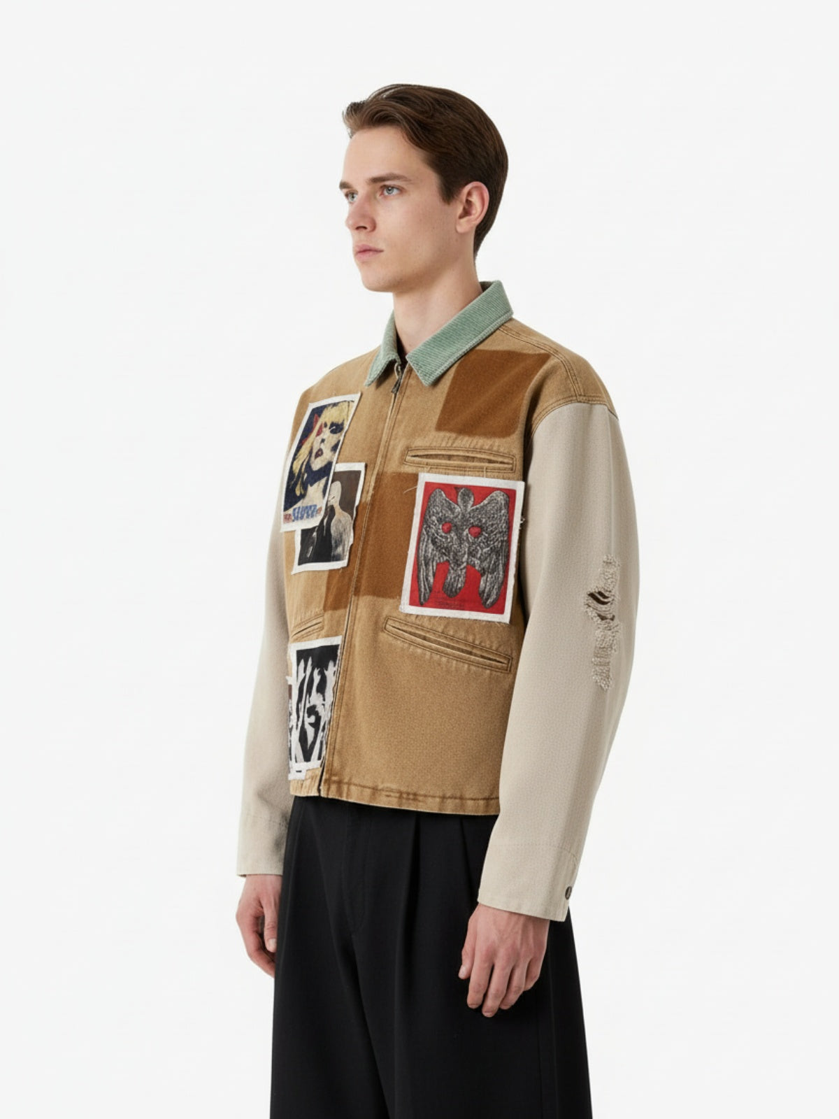 Punk Retro Collage Print Distressed Heavy Jacket - 2539-Fineriform