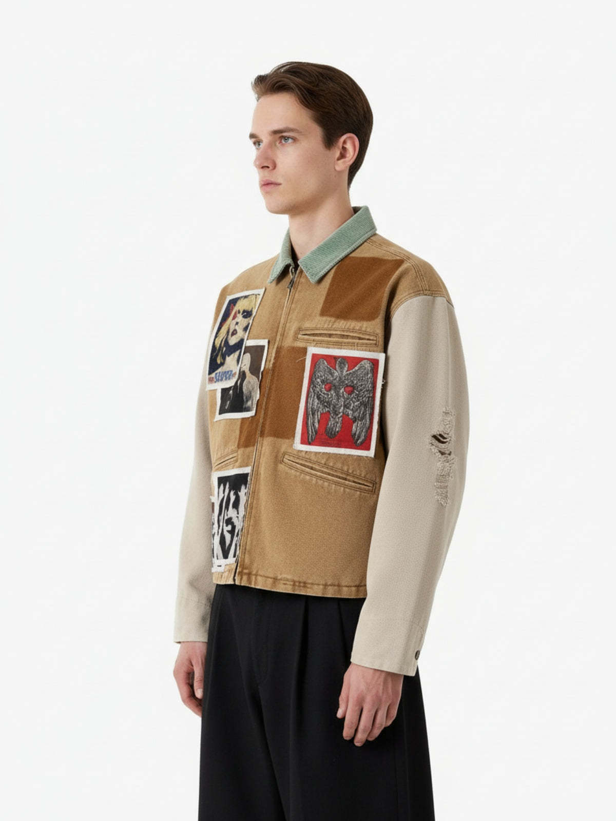 Punk Retro Collage Print Distressed Heavy Jacket - 2539-Fineriform