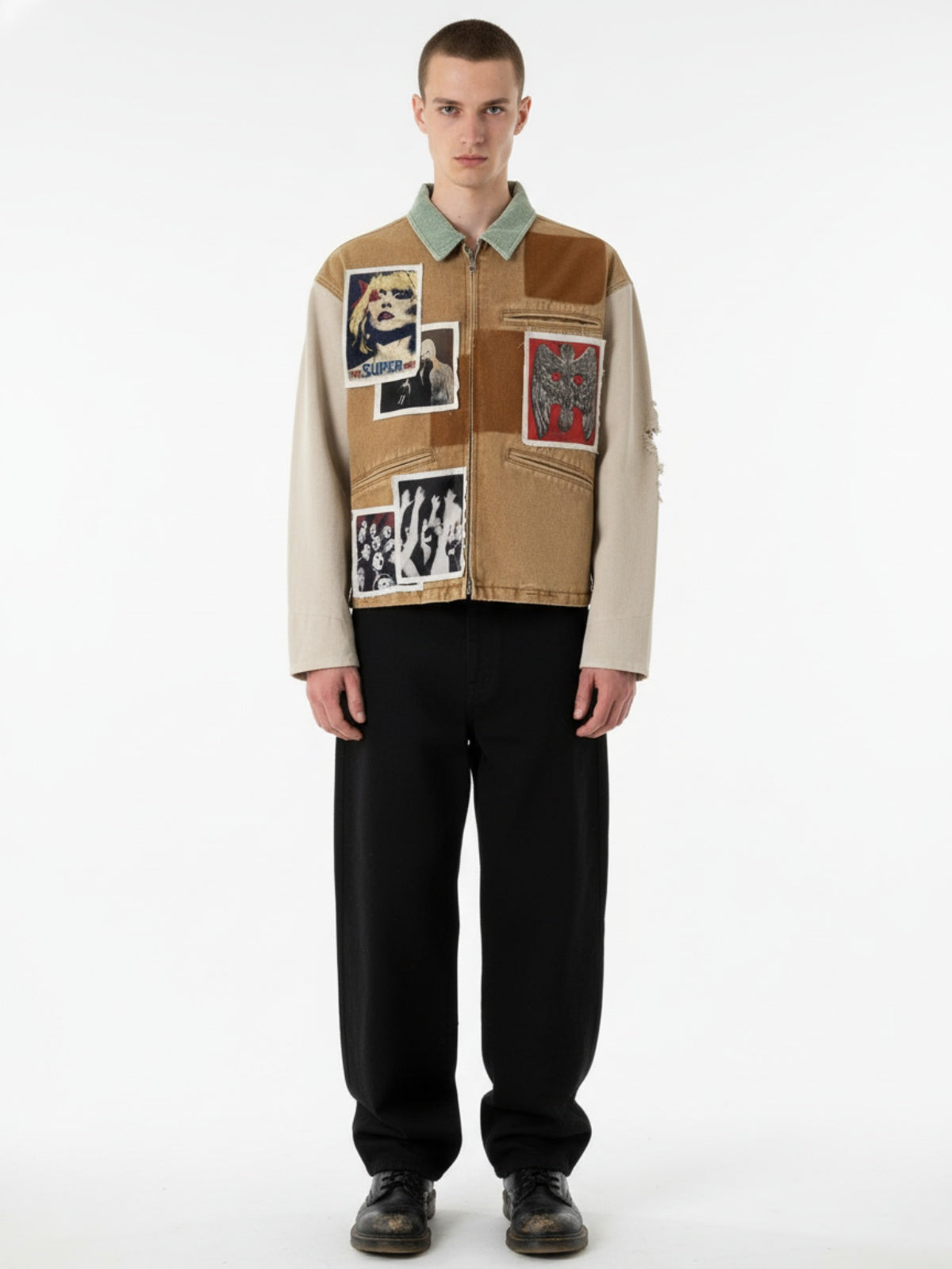 Punk Retro Collage Print Distressed Heavy Jacket - 2539-Fineriform