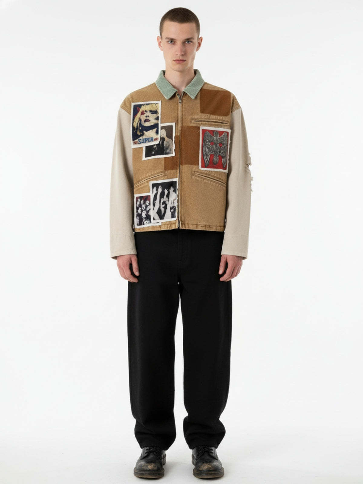 Punk Retro Collage Print Distressed Heavy Jacket - 2539-Fineriform