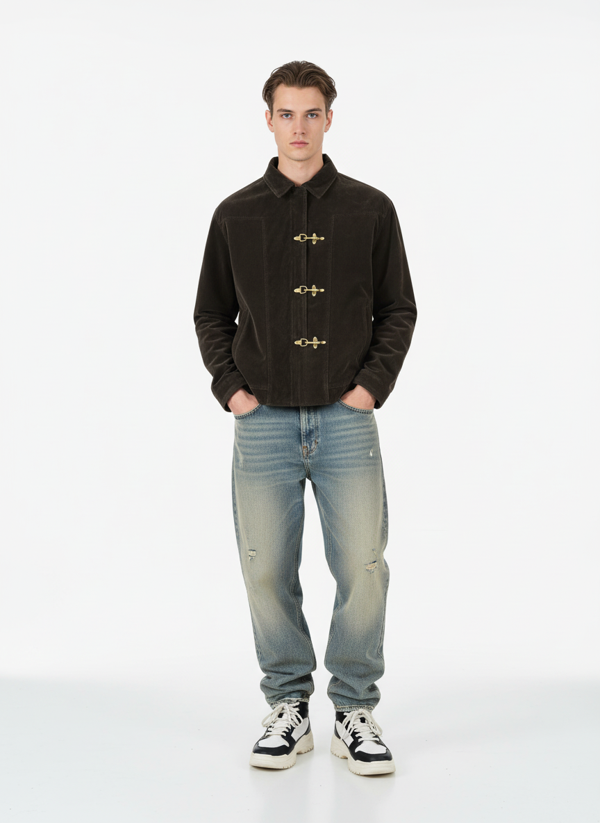 Retro Unique Metal Button Suede Lapel Bomber Jacket - 2538-Fineriform