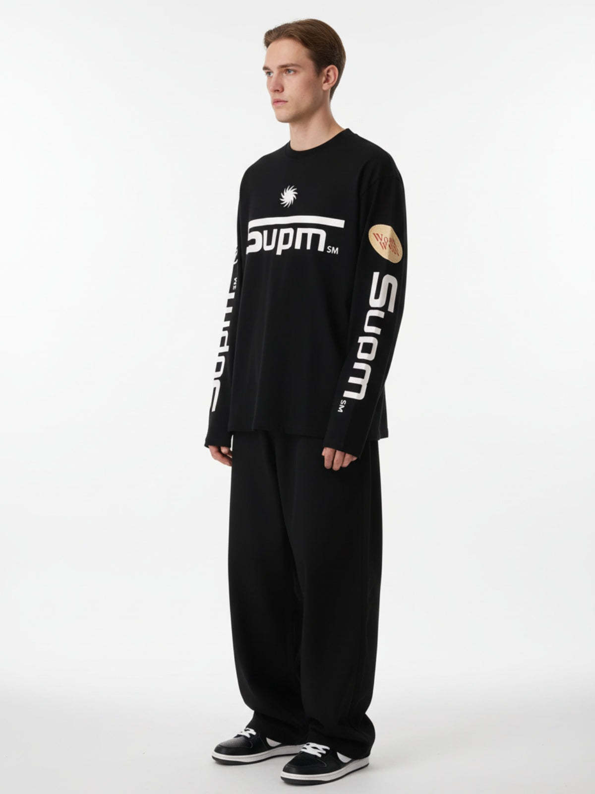Textured Waffle SUPM Letter Graphic Long Sleeve T-Shirt-Fineriform