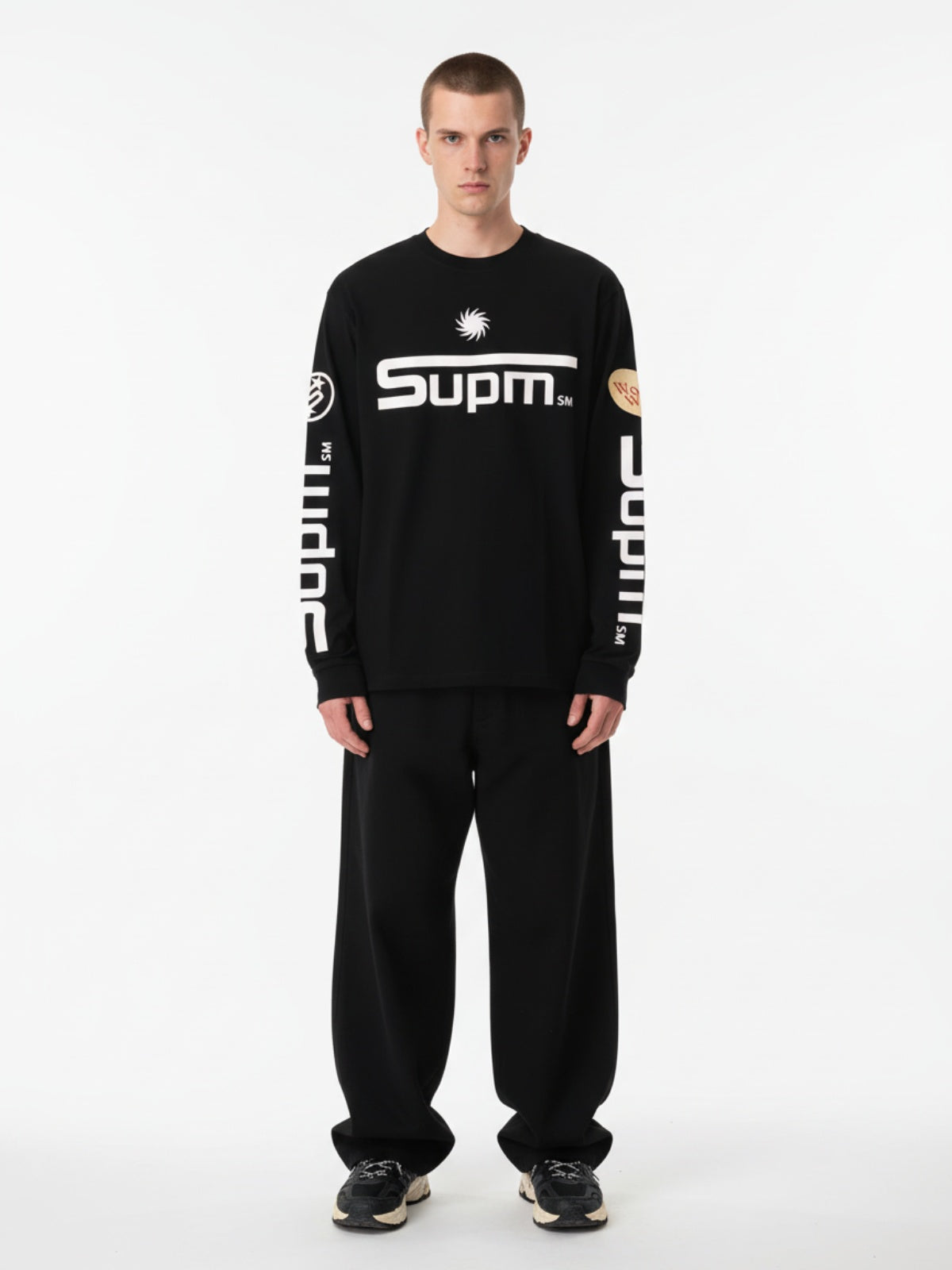 Textured Waffle SUPM Letter Graphic Long Sleeve T-Shirt-Fineriform