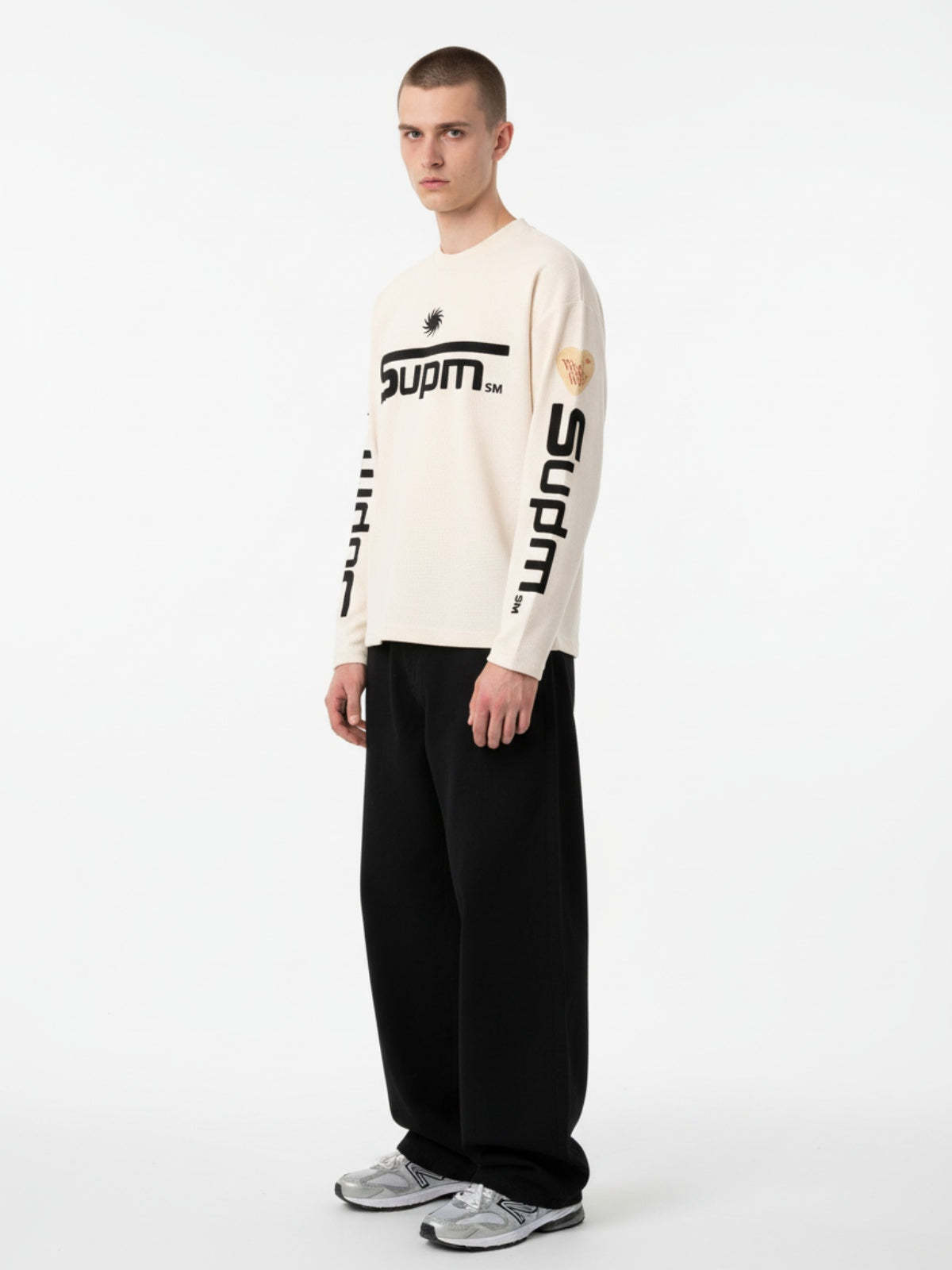 Textured Waffle SUPM Letter Graphic Long Sleeve T-Shirt-Fineriform