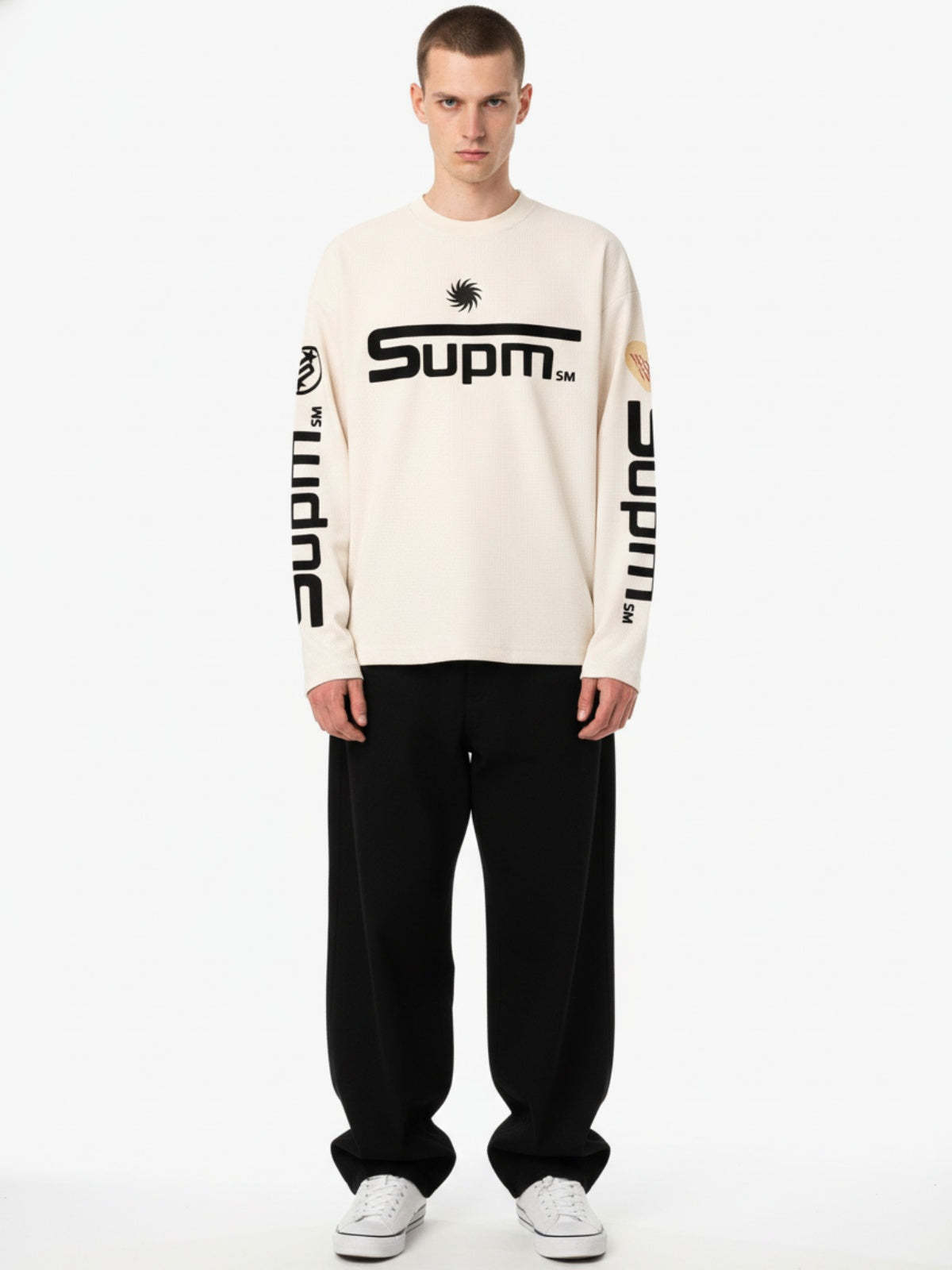 Textured Waffle SUPM Letter Graphic Long Sleeve T-Shirt-Fineriform