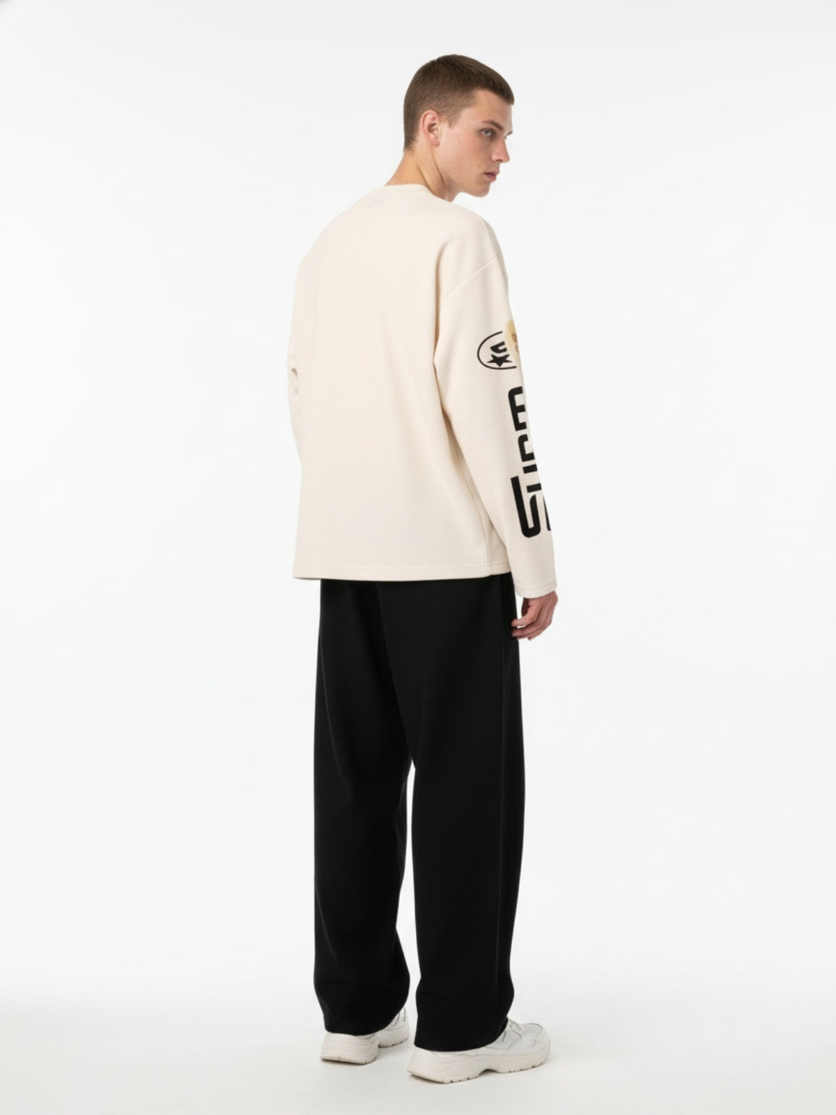 Textured Waffle SUPM Letter Graphic Long Sleeve T-Shirt-Fineriform