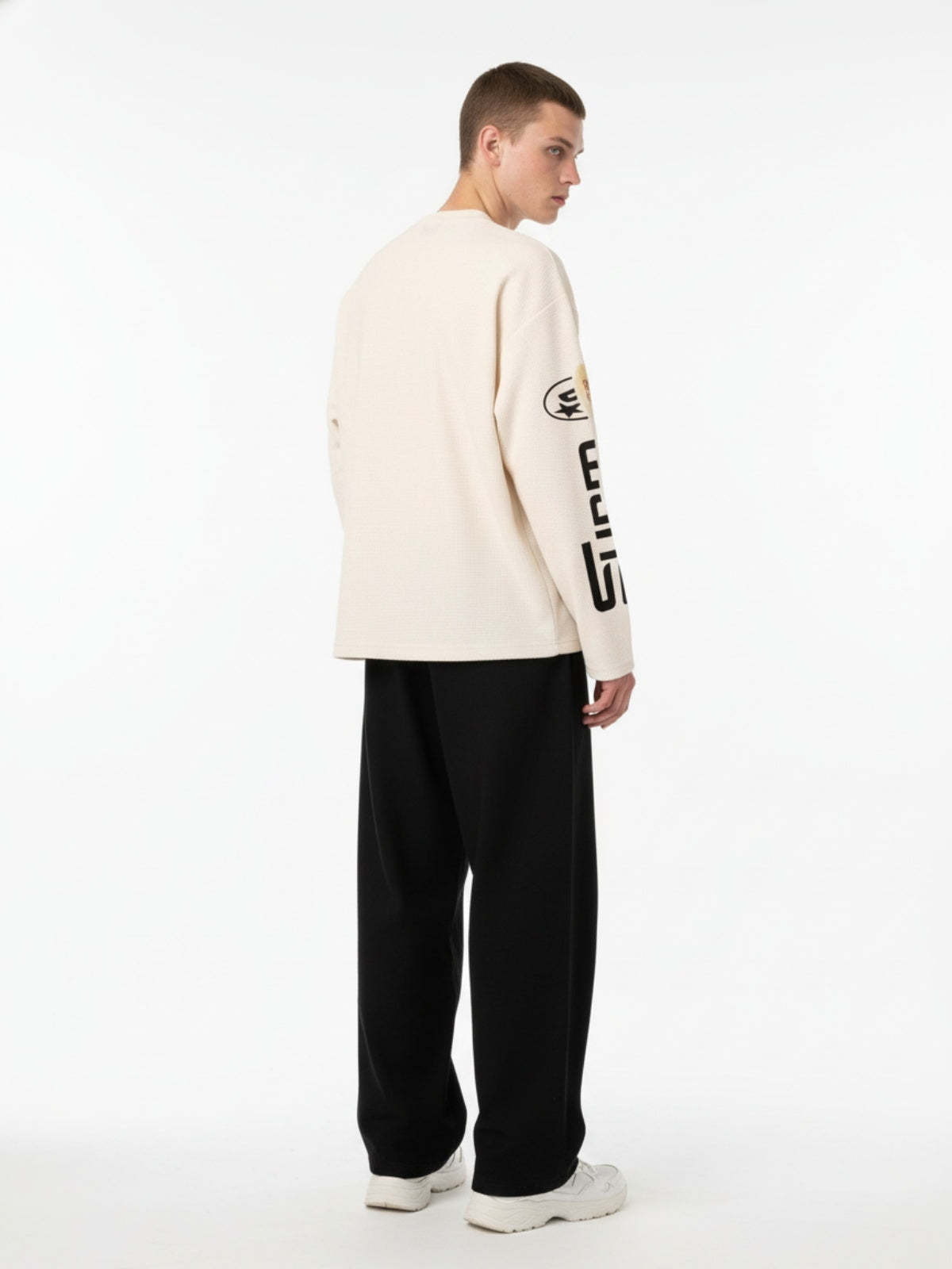 Textured Waffle SUPM Letter Graphic Long Sleeve T-Shirt-Fineriform