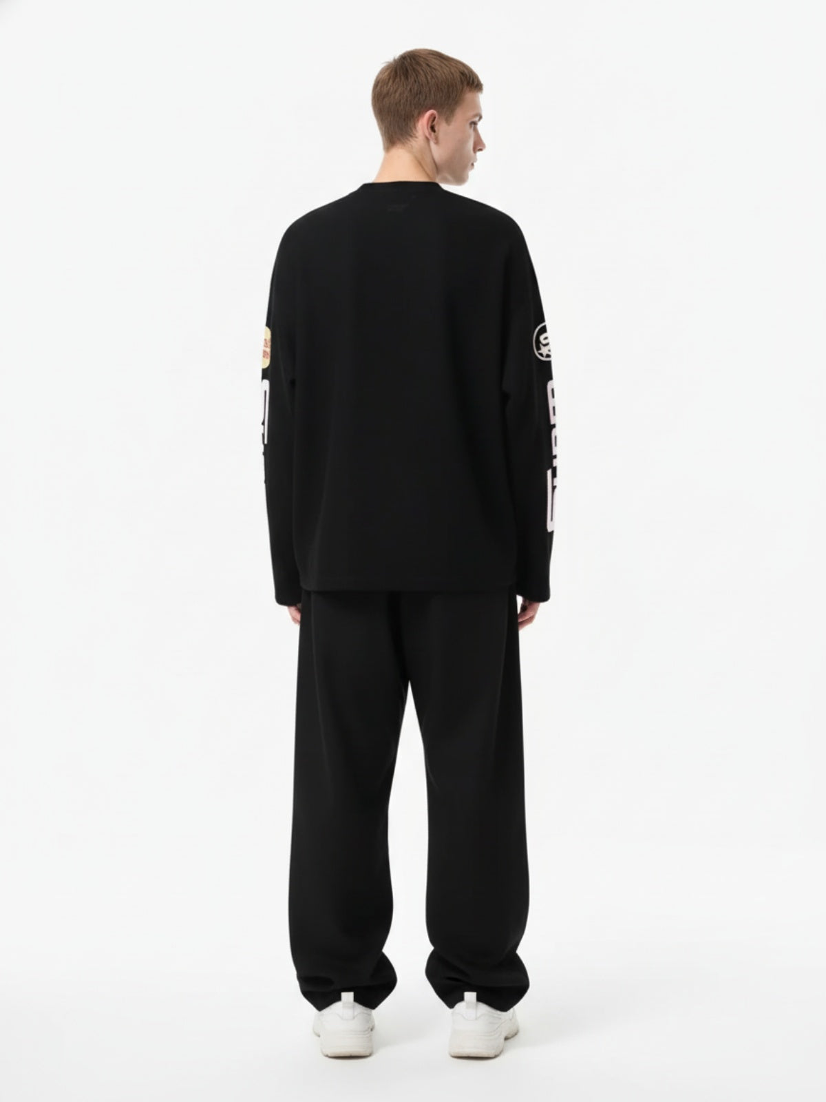 Textured Waffle SUPM Letter Graphic Long Sleeve T-Shirt-Fineriform
