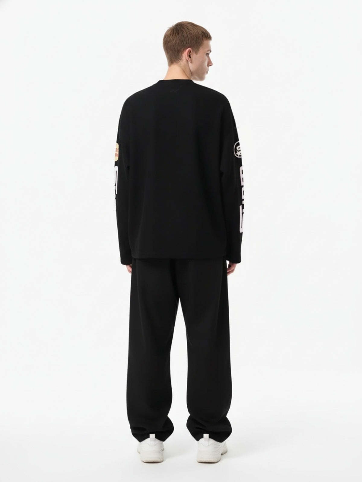 Textured Waffle SUPM Letter Graphic Long Sleeve T-Shirt-Fineriform