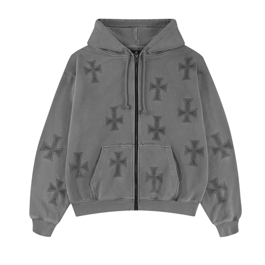 WASHED GREY RHINESTONE HOODIE-Fineriform