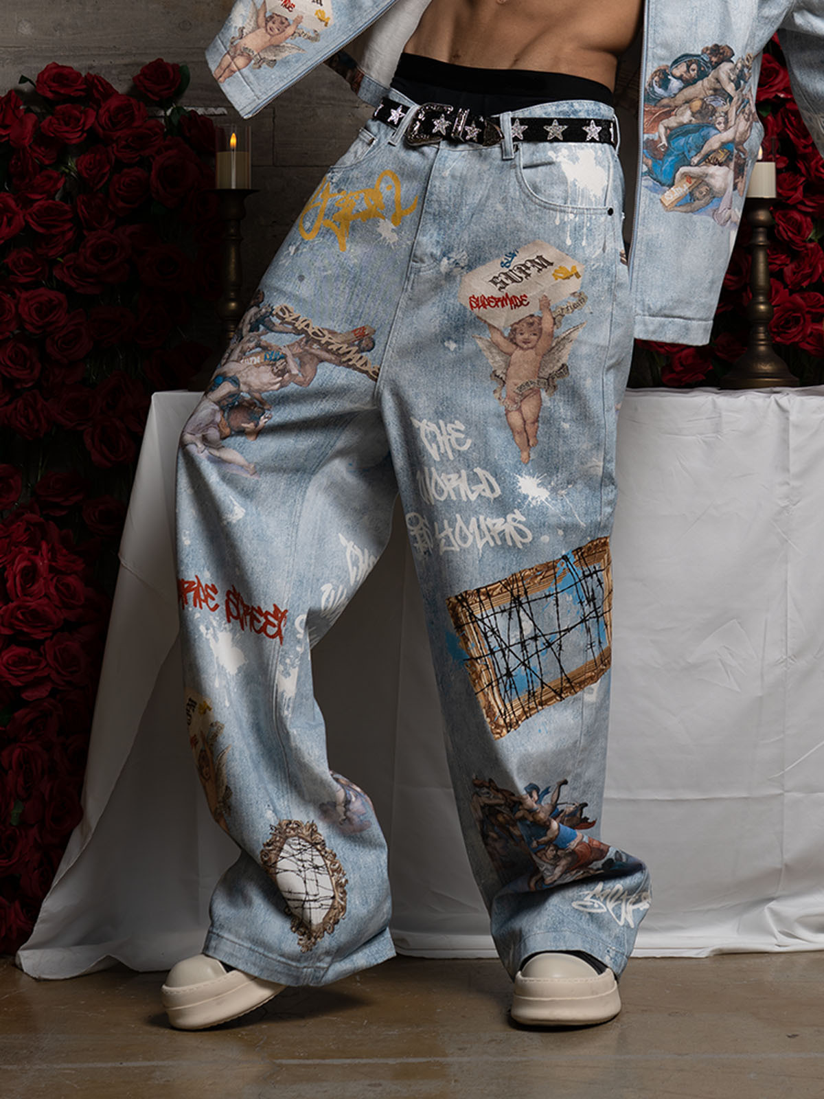 Retro Artistic Graffiti Angelic Prints Baggy Jeans-Fineriform