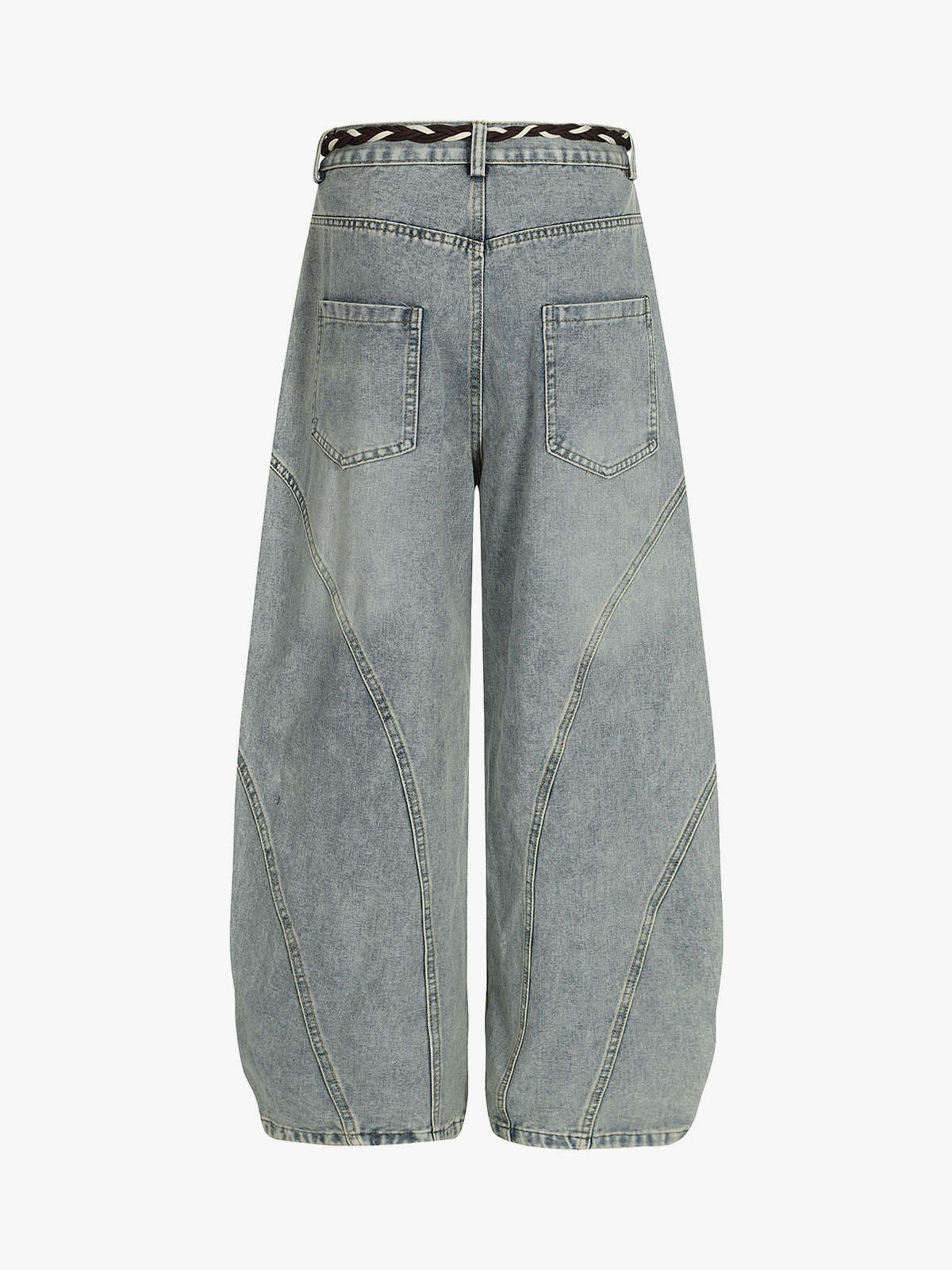 Denim Retro Belt Detail With Patchwork Barrel Jeans - 2490-Fineriform