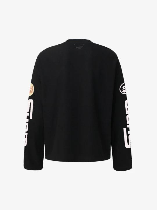 Textured Waffle SUPM Letter Graphic Long Sleeve T-Shirt-Fineriform