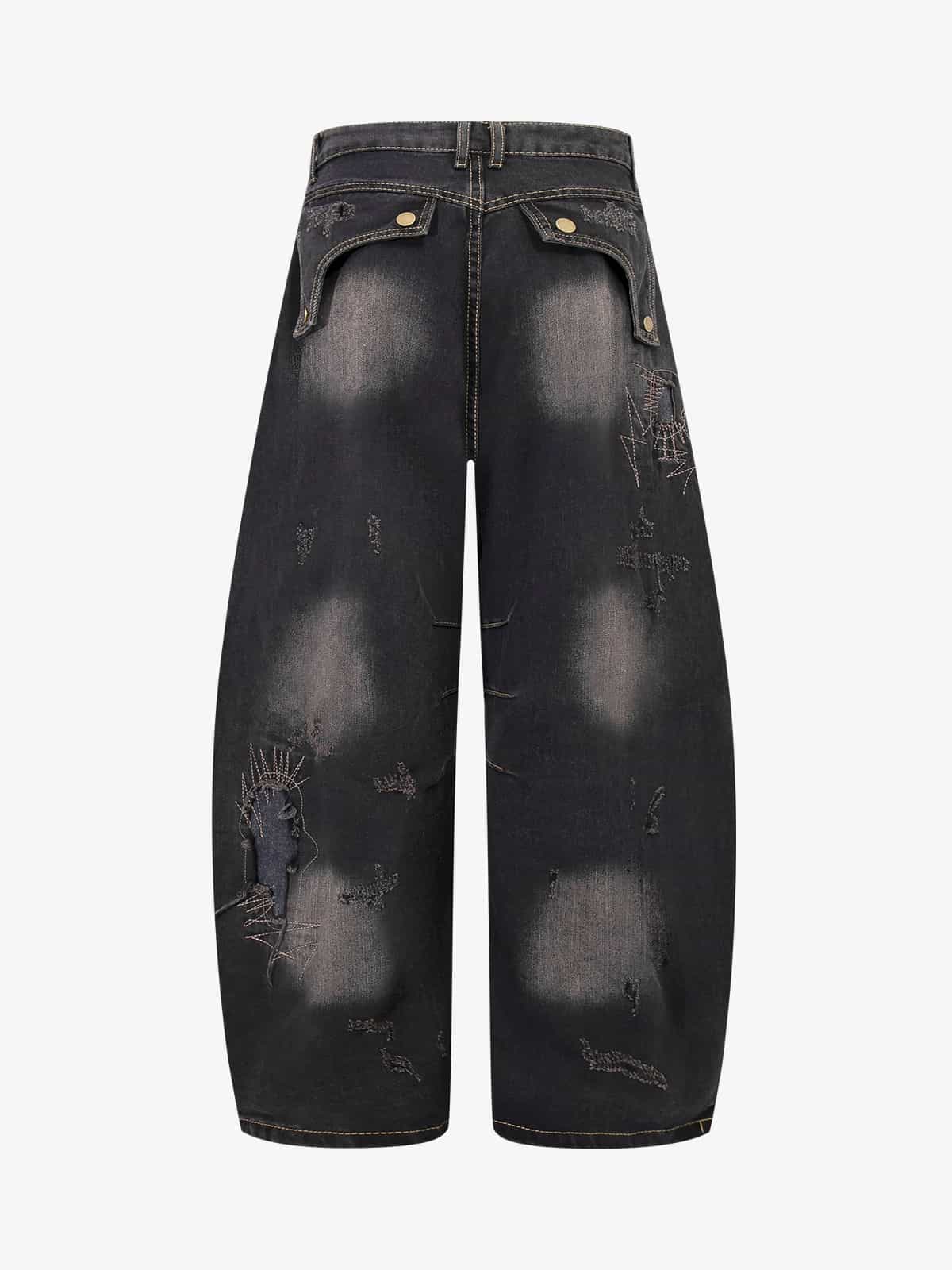 Vintage Washed Patchwork Distressed Barrel Jeans-Fineriform