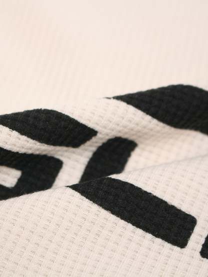 Textured Waffle SUPM Letter Graphic Long Sleeve T-Shirt-Fineriform