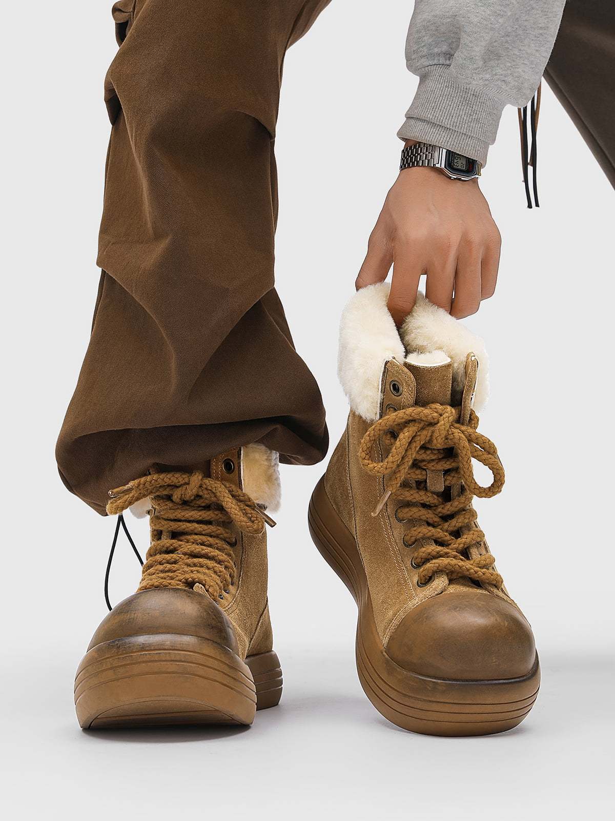 Fleece-Lined Suede Platform Warm Mid-Top Boots-Fineriform