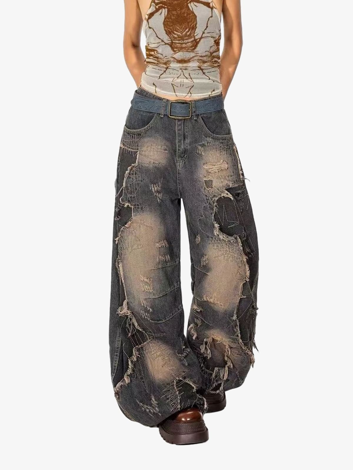 Vintage Washed Patchwork Distressed Barrel Jeans-Fineriform