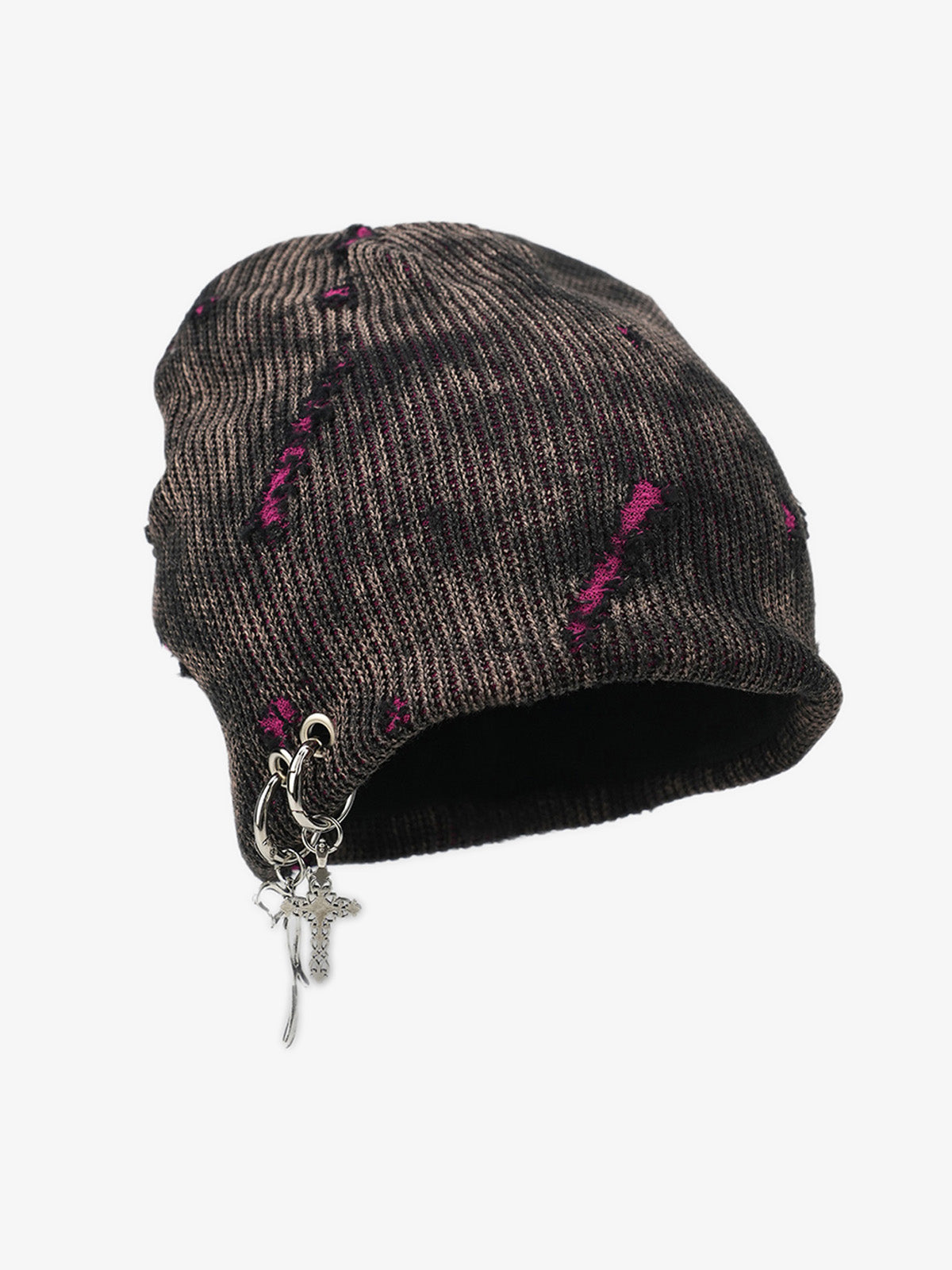 Retro Wasteland Style Distressed Knit Hanging Charm Beanie-Fineriform