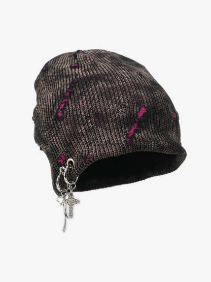 Retro Wasteland Style Distressed Knit Hanging Charm Beanie-Fineriform