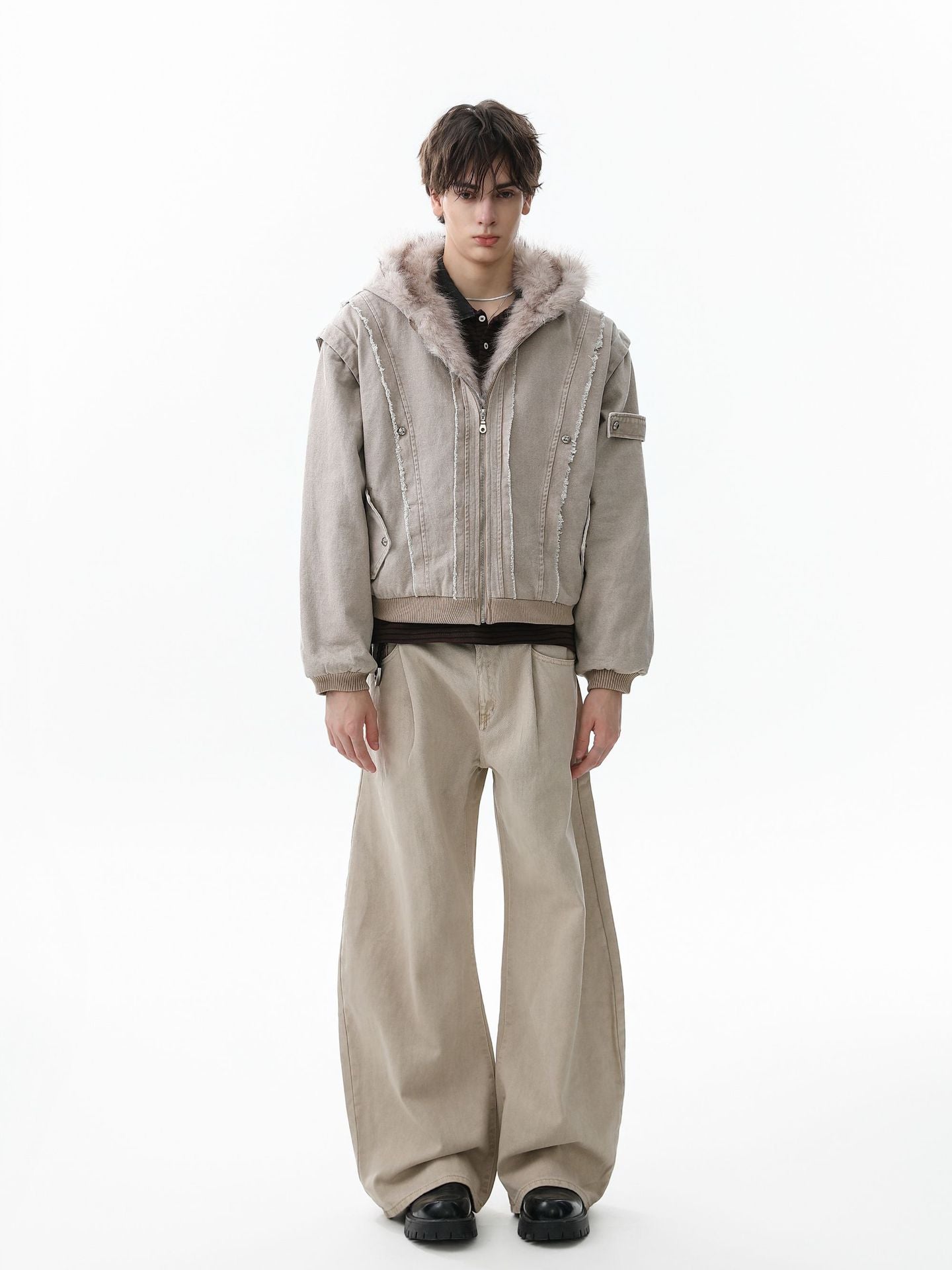 Retro Washed Fleece-lined Hooded Work Jacket-Fineriform