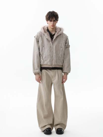 Retro Washed Fleece-lined Hooded Work Jacket-Fineriform