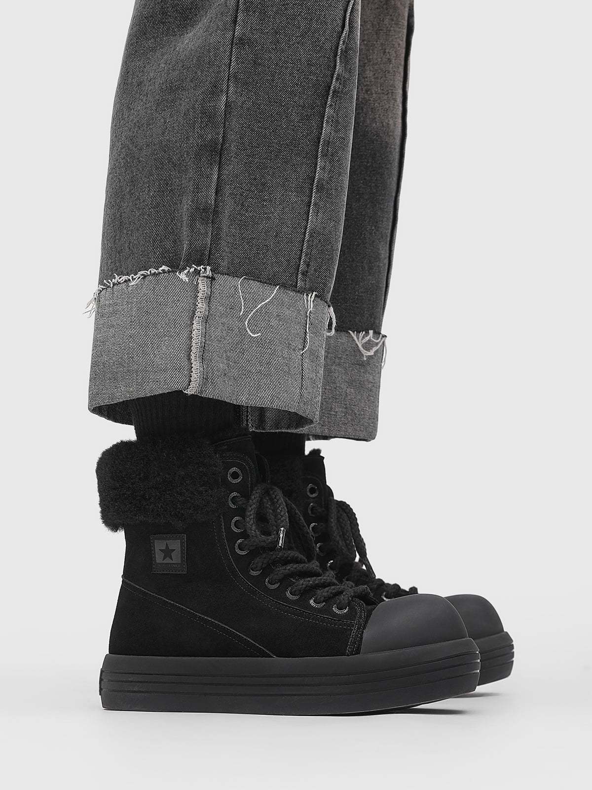 Fleece-Lined Suede Platform Warm Mid-Top Boots-Fineriform