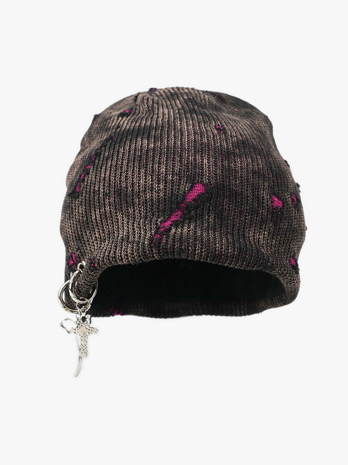 Retro Wasteland Style Distressed Knit Hanging Charm Beanie-Fineriform