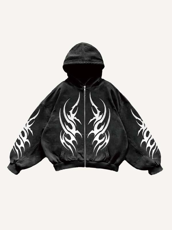 Graphic Print Zip Up Hooded Coat-Fineriform