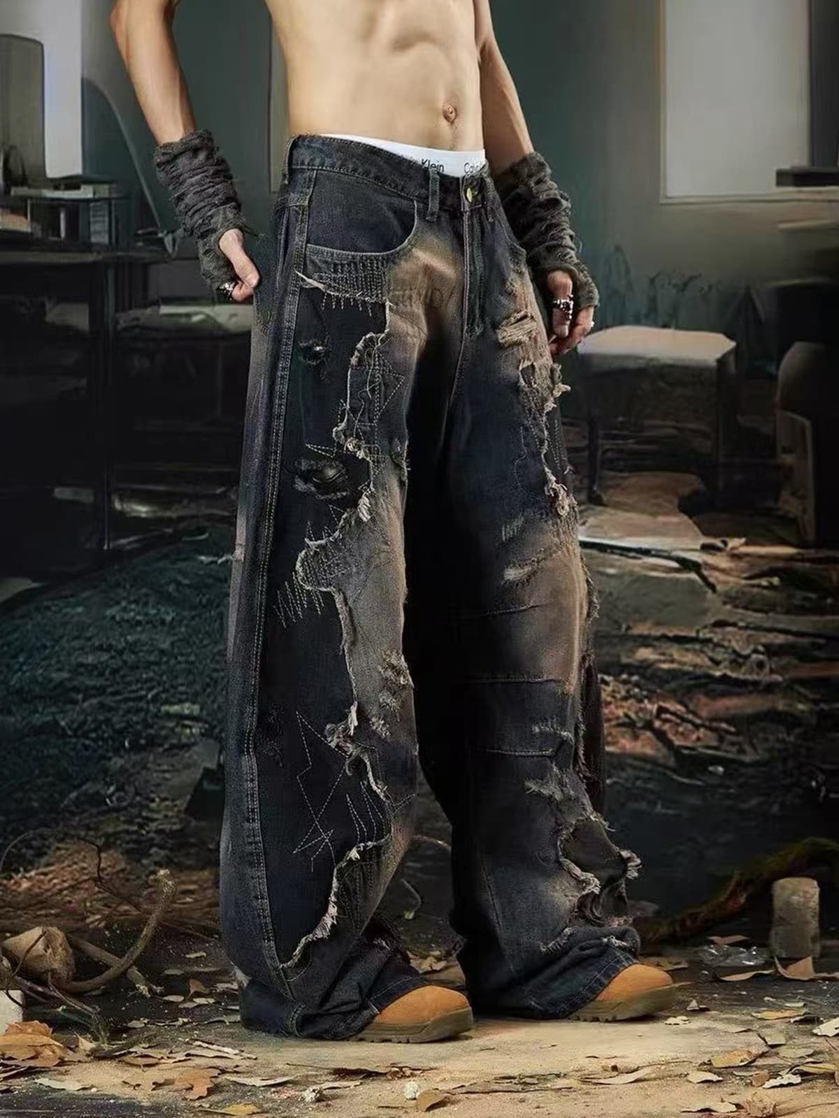 Vintage Washed Patchwork Distressed Barrel Jeans-Fineriform