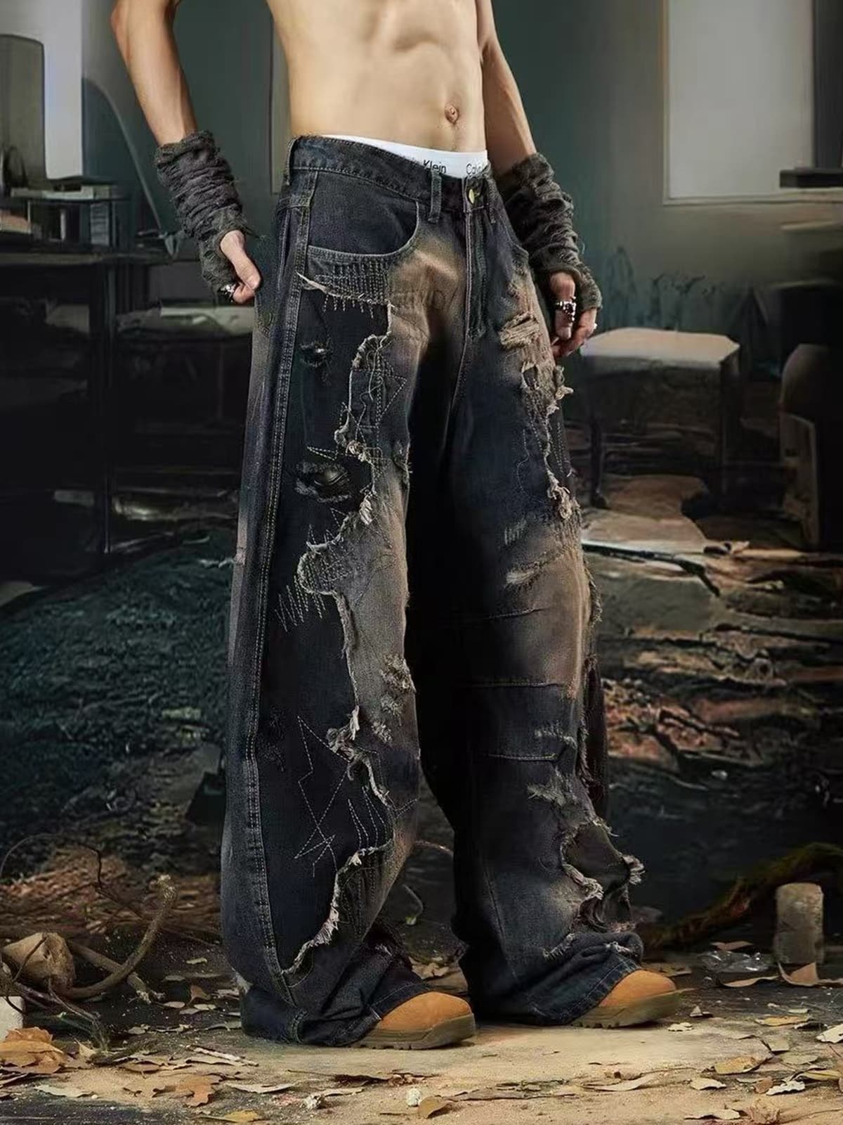 Vintage Washed Patchwork Distressed Barrel Jeans-Fineriform