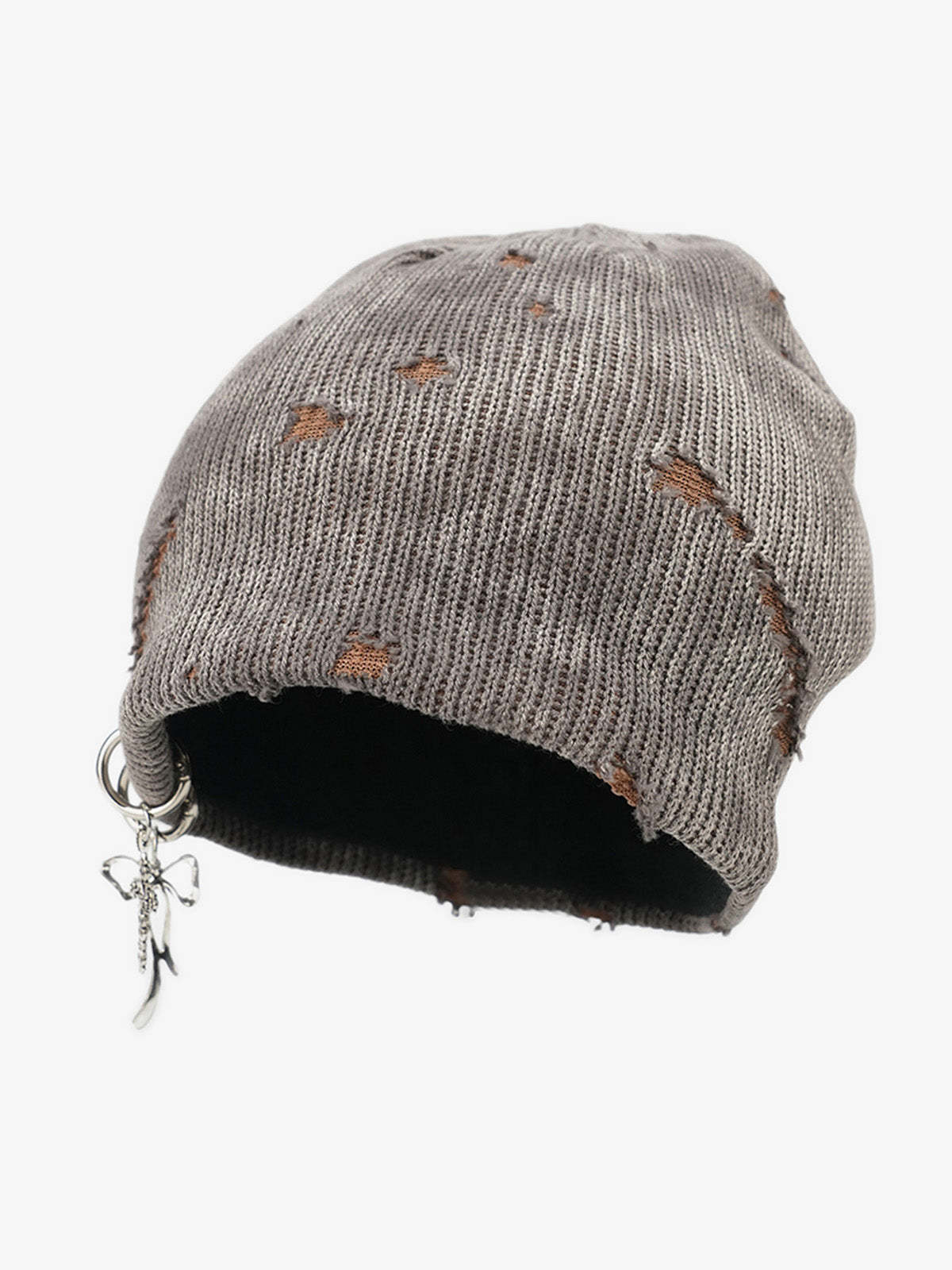 Retro Wasteland Style Distressed Knit Hanging Charm Beanie-Fineriform