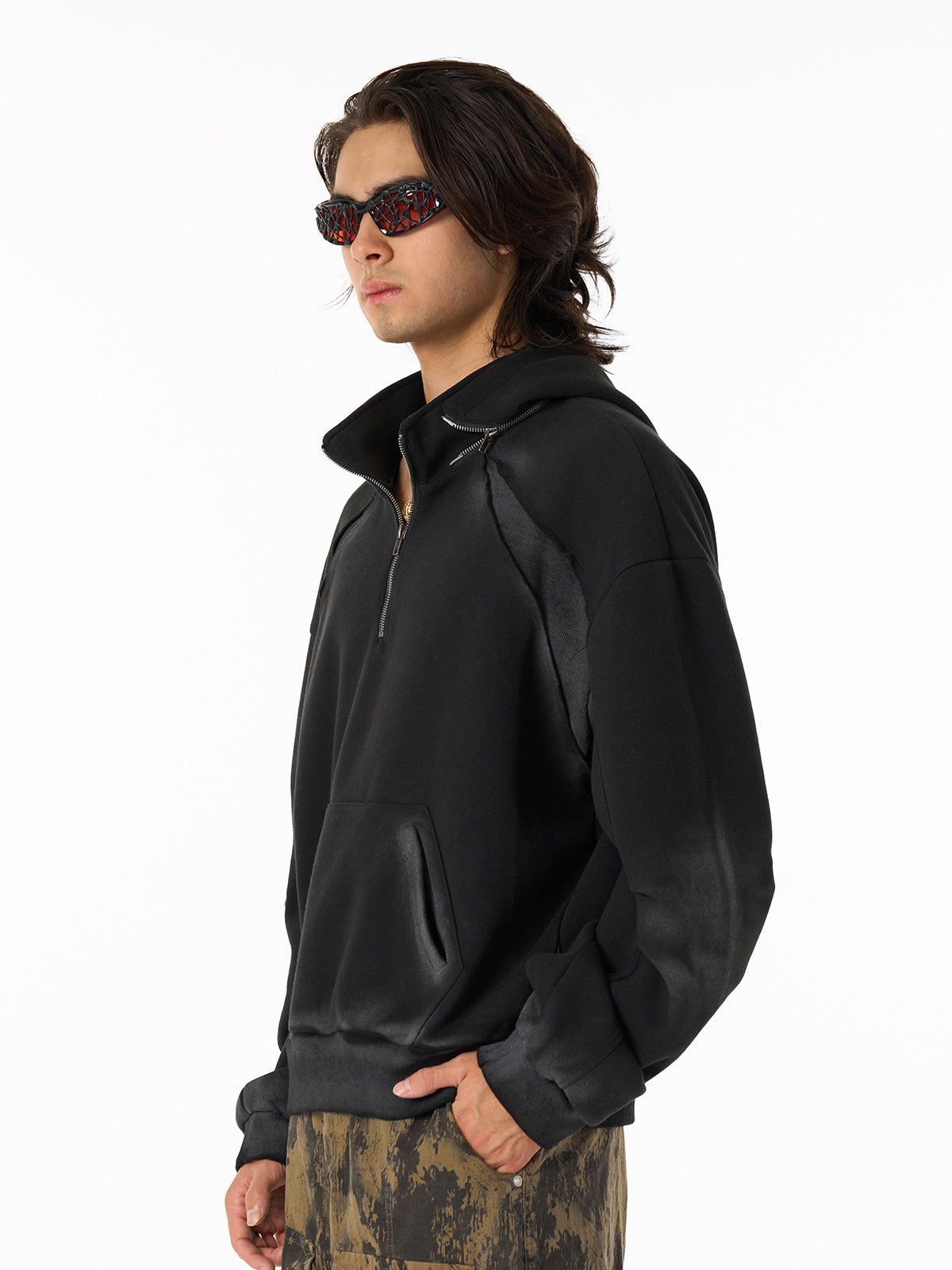 Distressed Stand Collar Stitching Spray Paint Quarter Zip Hoodie-Fineriform