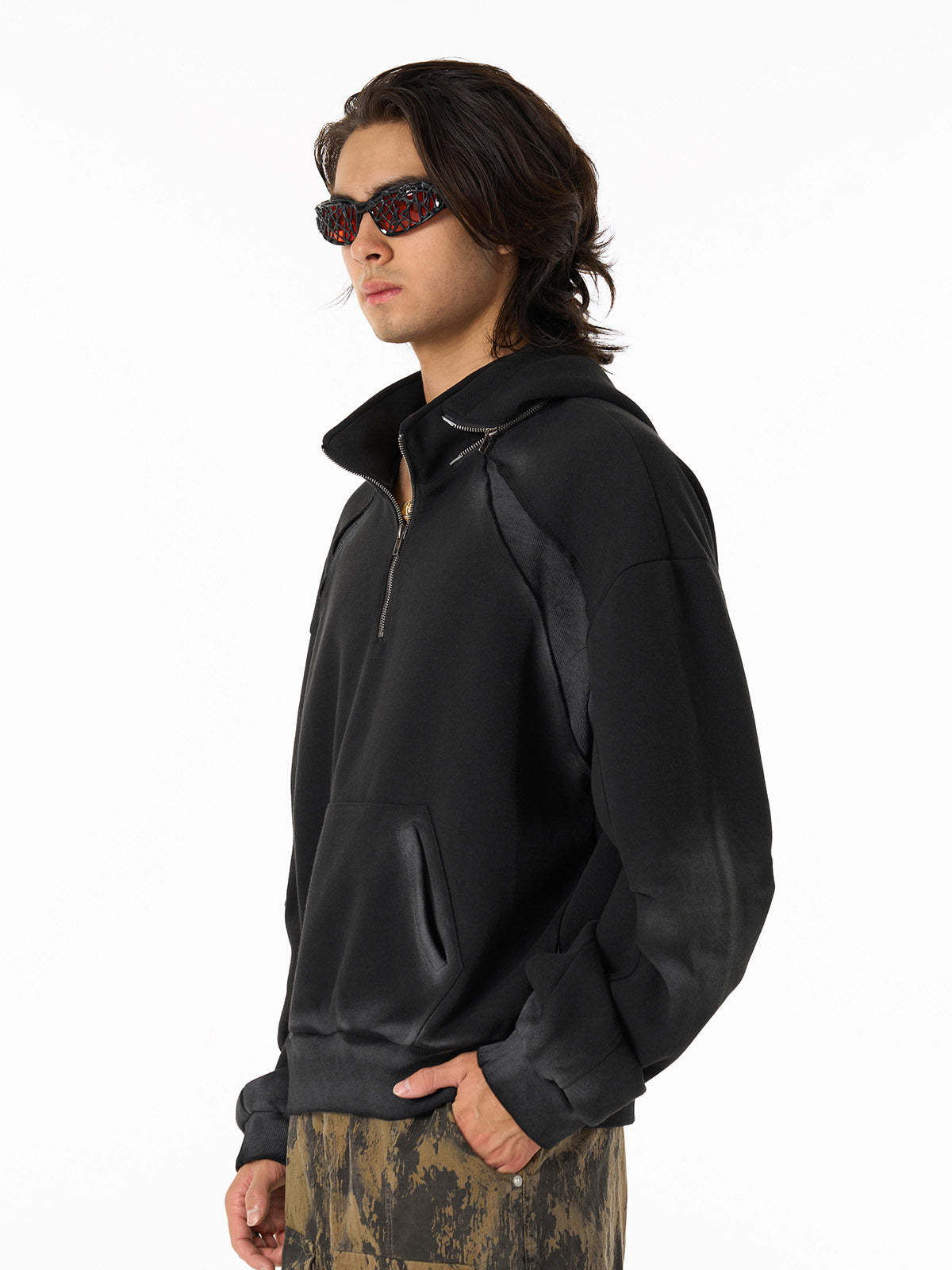 Distressed Stand Collar Stitching Spray Paint Quarter Zip Hoodie-Fineriform