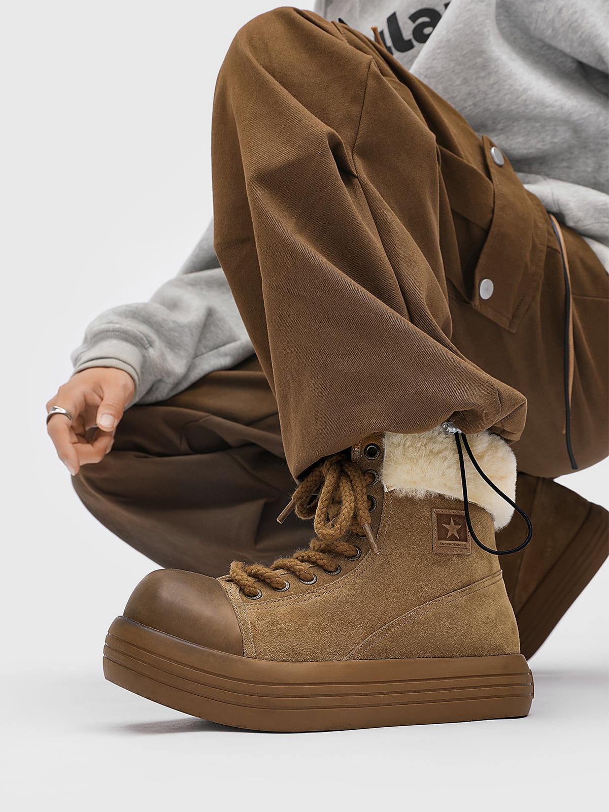 Fleece-Lined Suede Platform Warm Mid-Top Boots-Fineriform