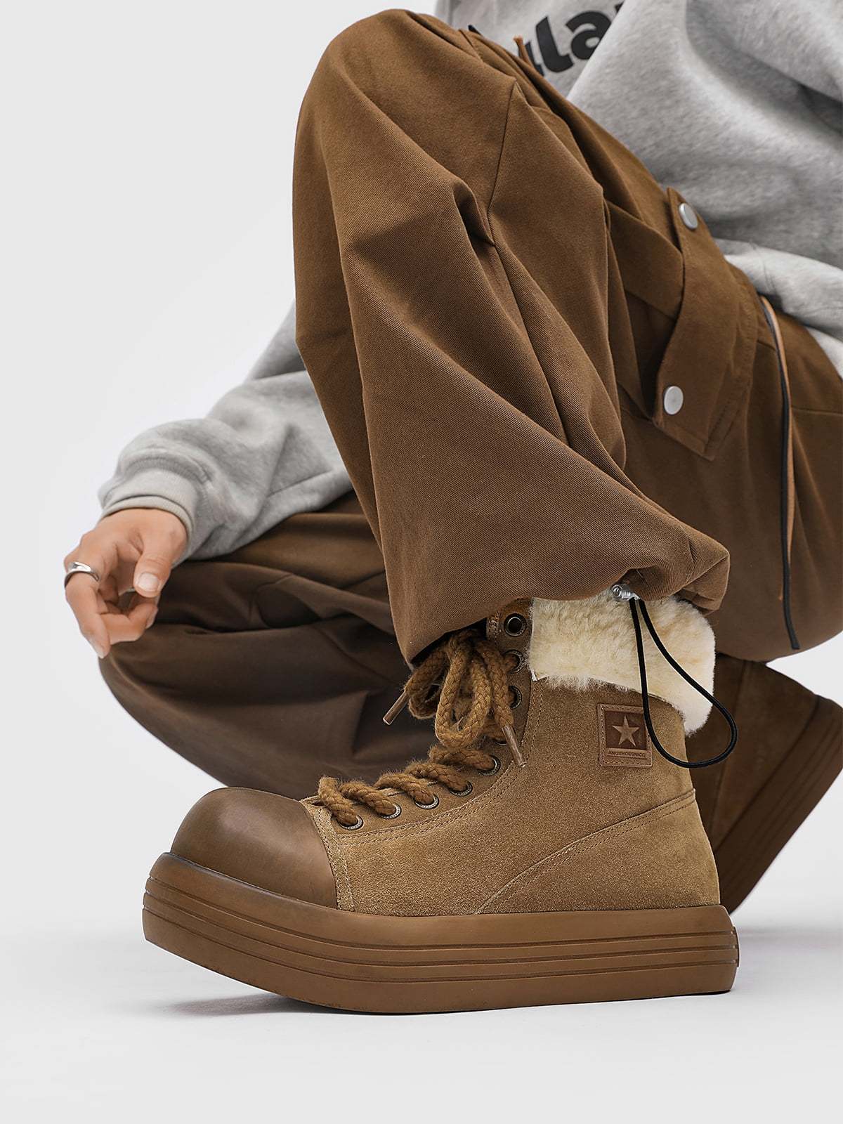 Fleece-Lined Suede Platform Warm Mid-Top Boots-Fineriform