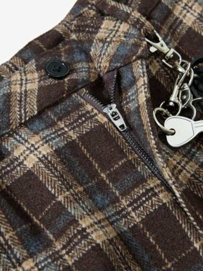 Vintage Plaid Pleated Multi-Pocket Cargo Casual Pants - 2524-Fineriform