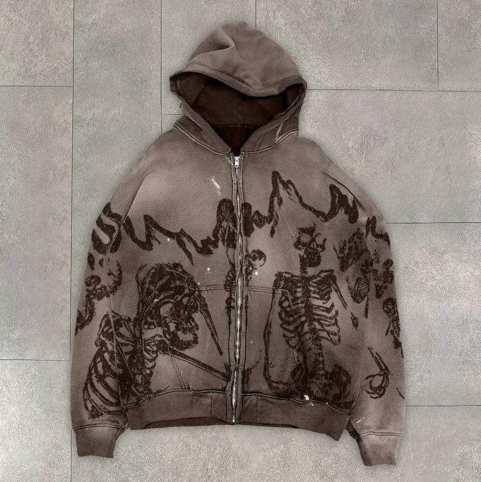 Retro Hip Hop Skull Zip Hoodie-Fineriform