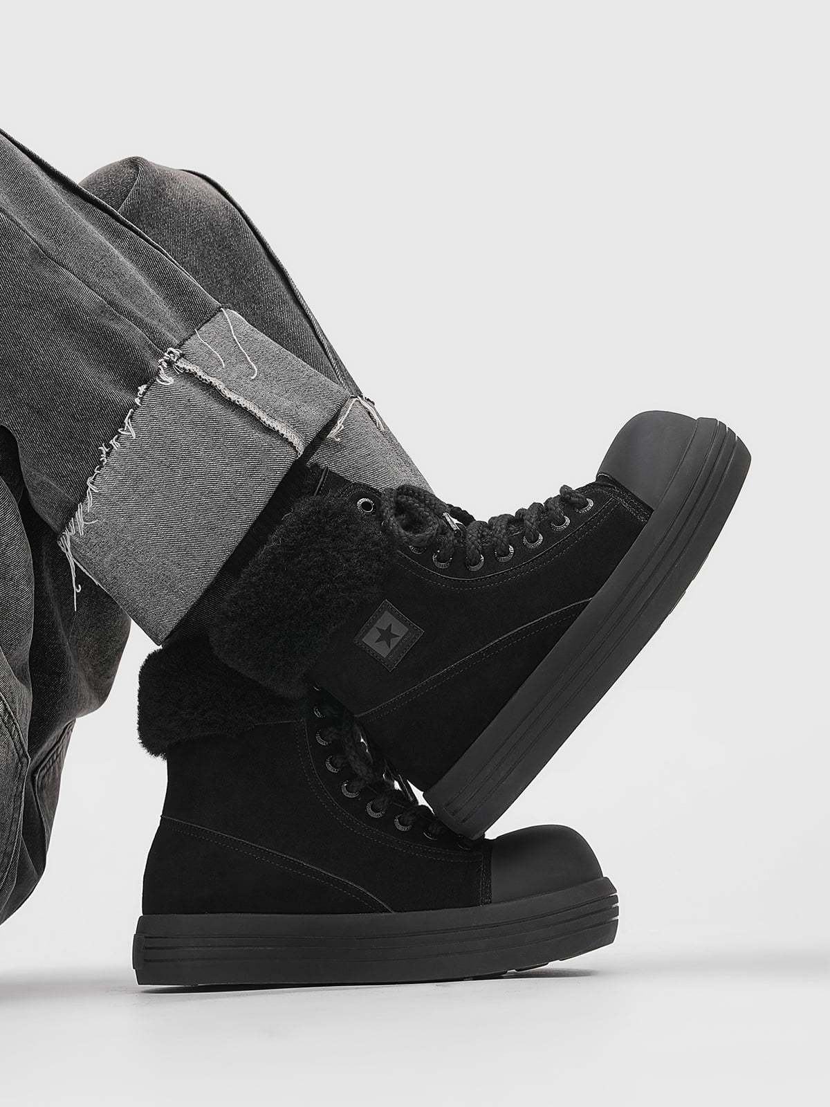 Fleece-Lined Suede Platform Warm Mid-Top Boots-Fineriform