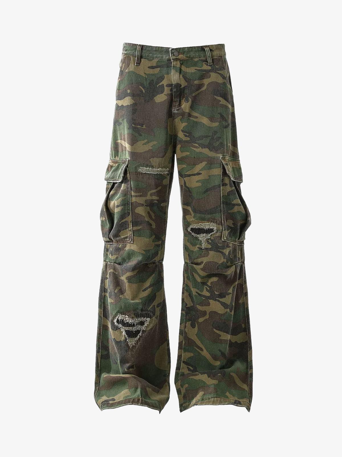 Woven Ripped Camouflage Flared Cargo Pants - 2410-Fineriform