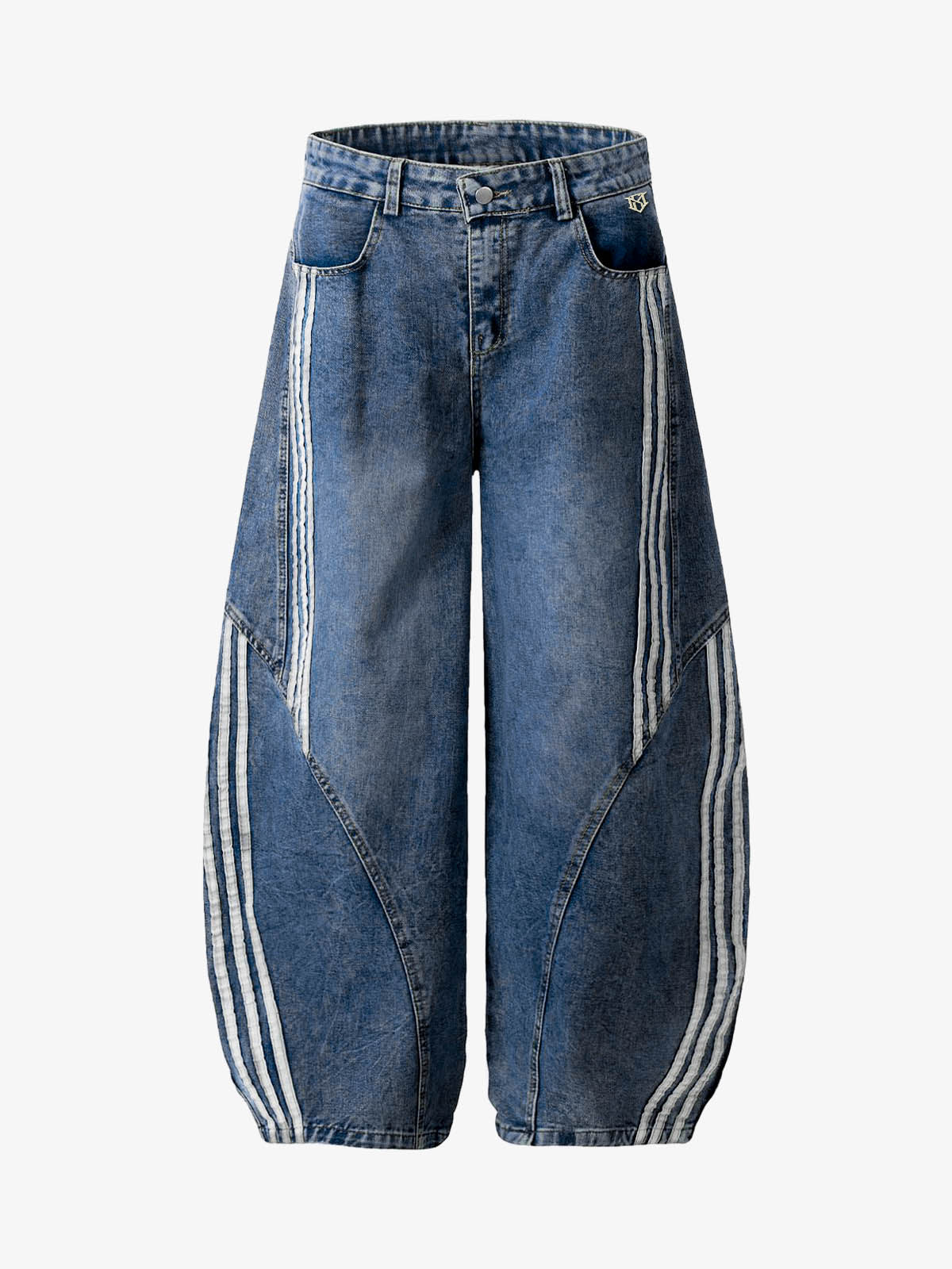 Denim Contrast Striped Stitching Barrel Jeans - 2504-Fineriform