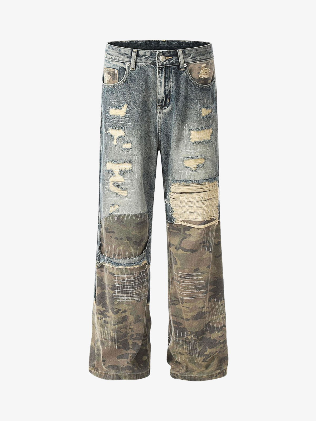 Ripped Camouflage Patchwork Baggy Jeans-Fineriform