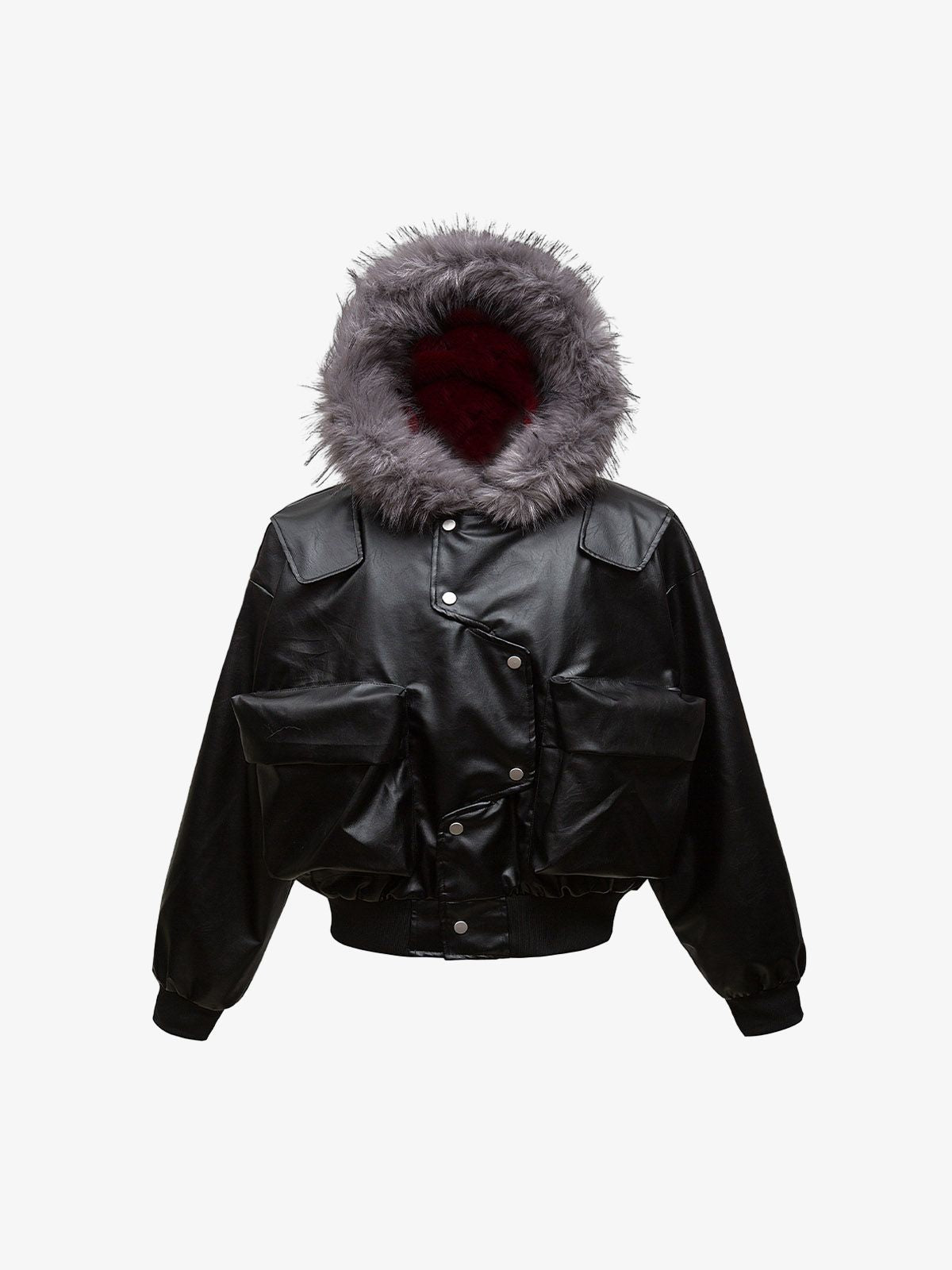 Deconstructed Multi Pocket Fur Hooded PU Leather Jacket-Fineriform