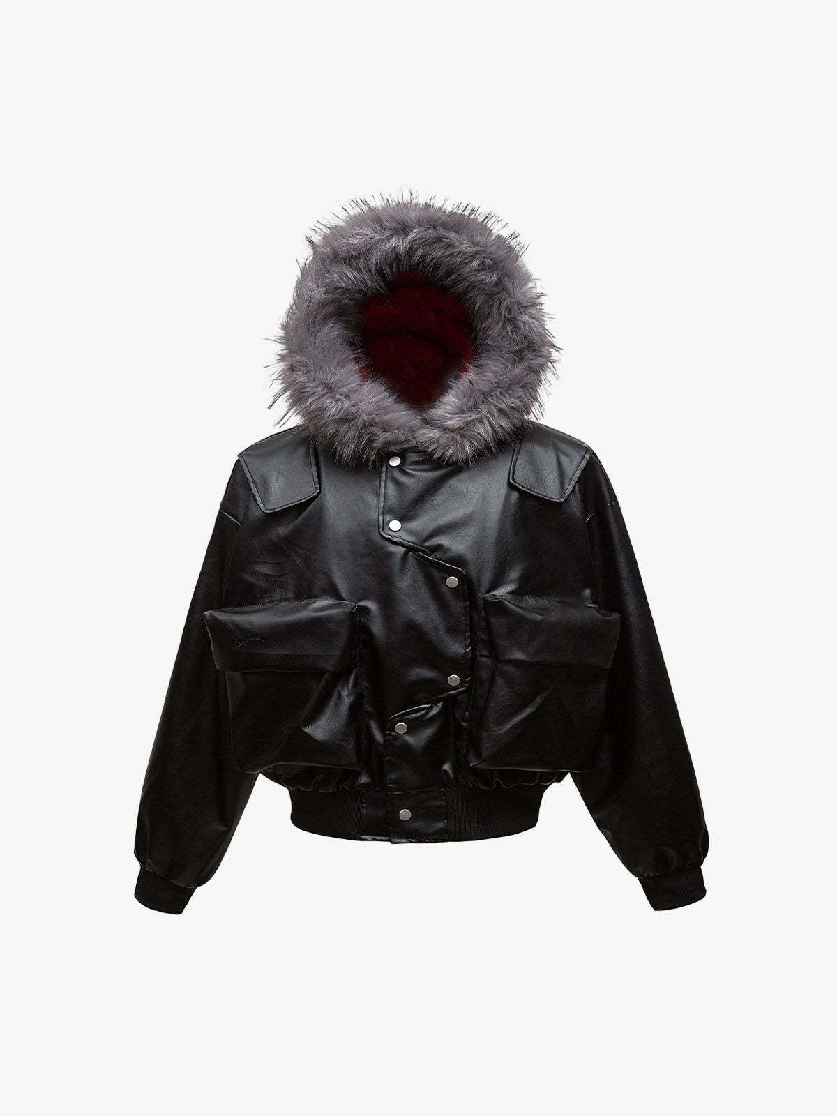 Deconstructed Multi Pocket Fur Hooded PU Leather Jacket-Fineriform