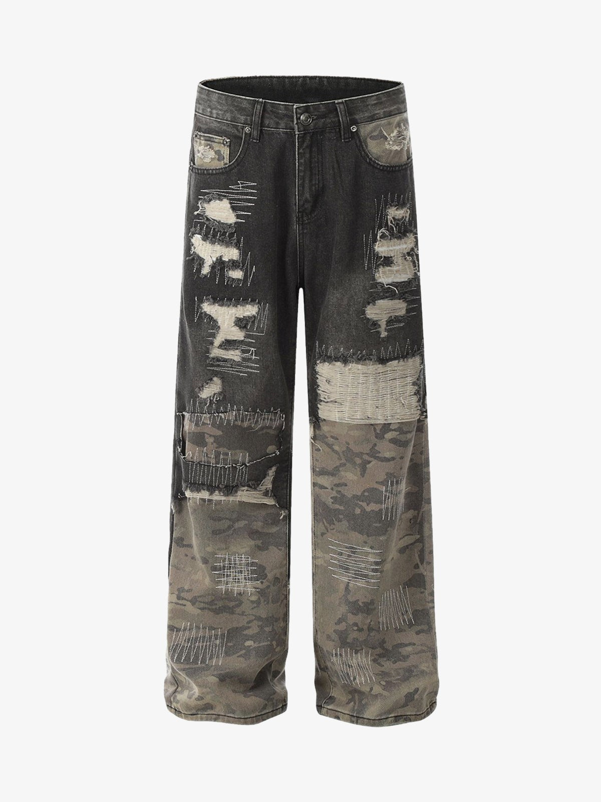 Ripped Camouflage Patchwork Baggy Jeans-Fineriform