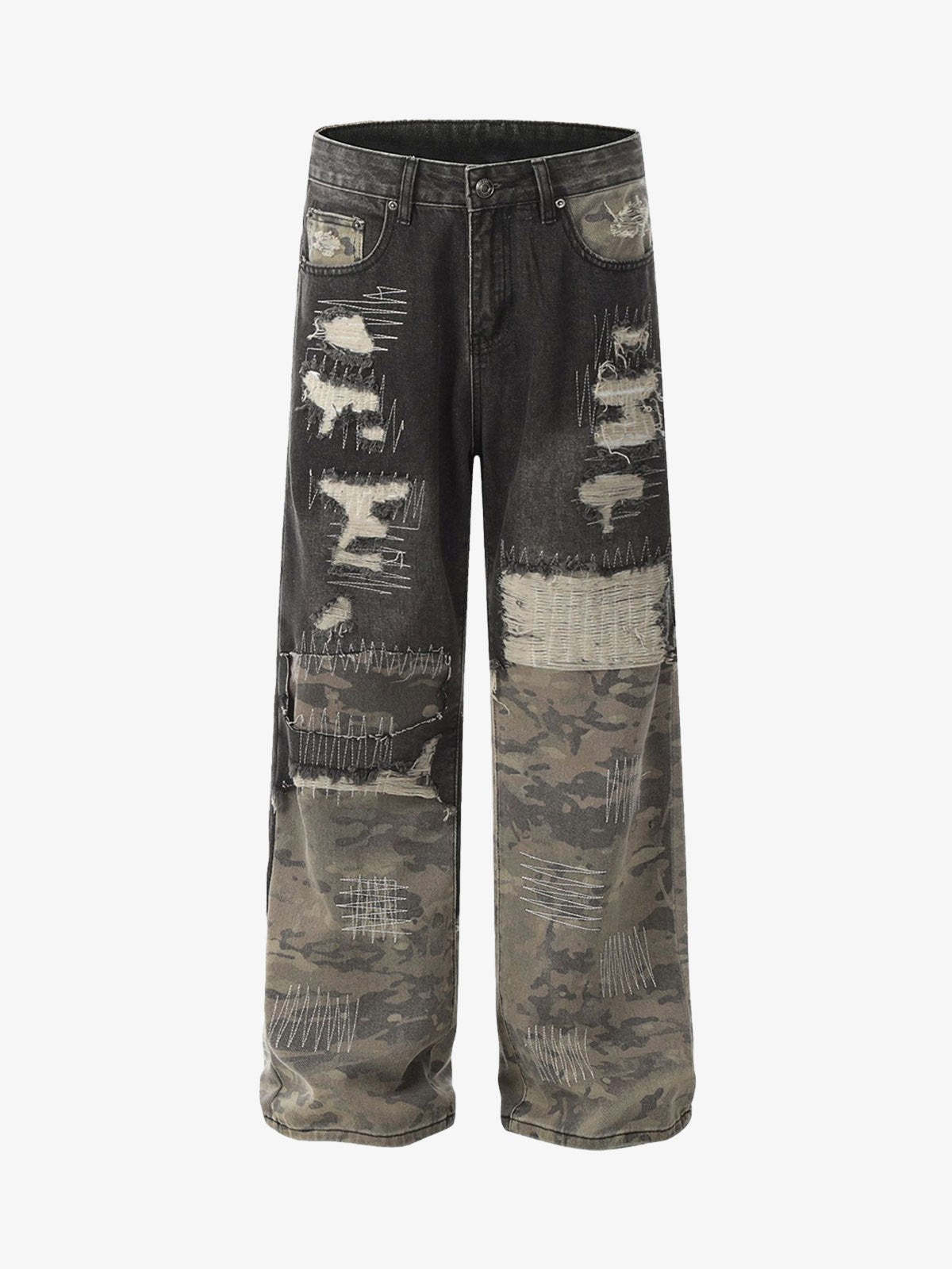 Ripped Camouflage Patchwork Baggy Jeans-Fineriform